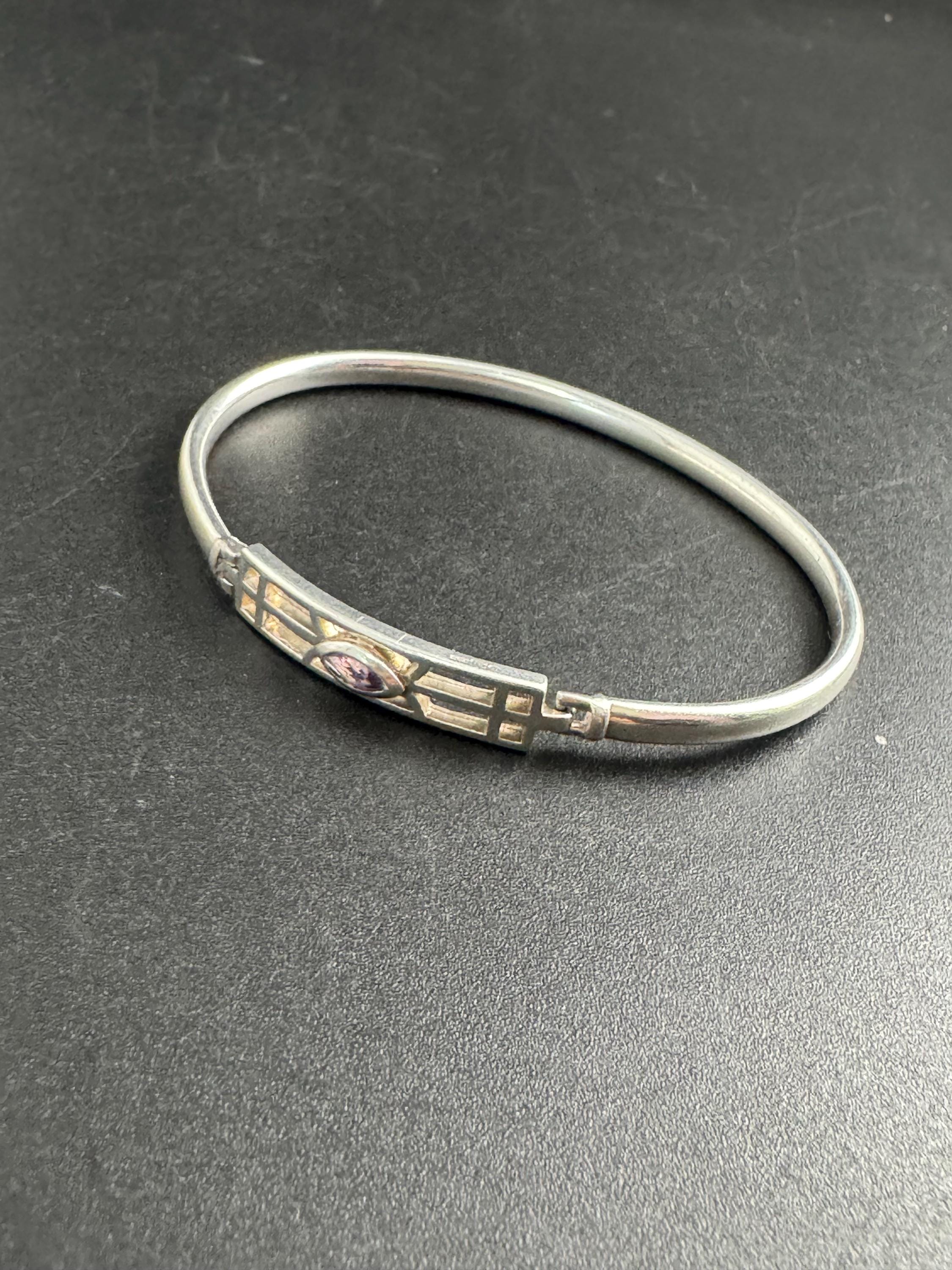 Vintage 925 Silver and amethyst bangle, purple bracelet Charles Rennie Mackintosh style
