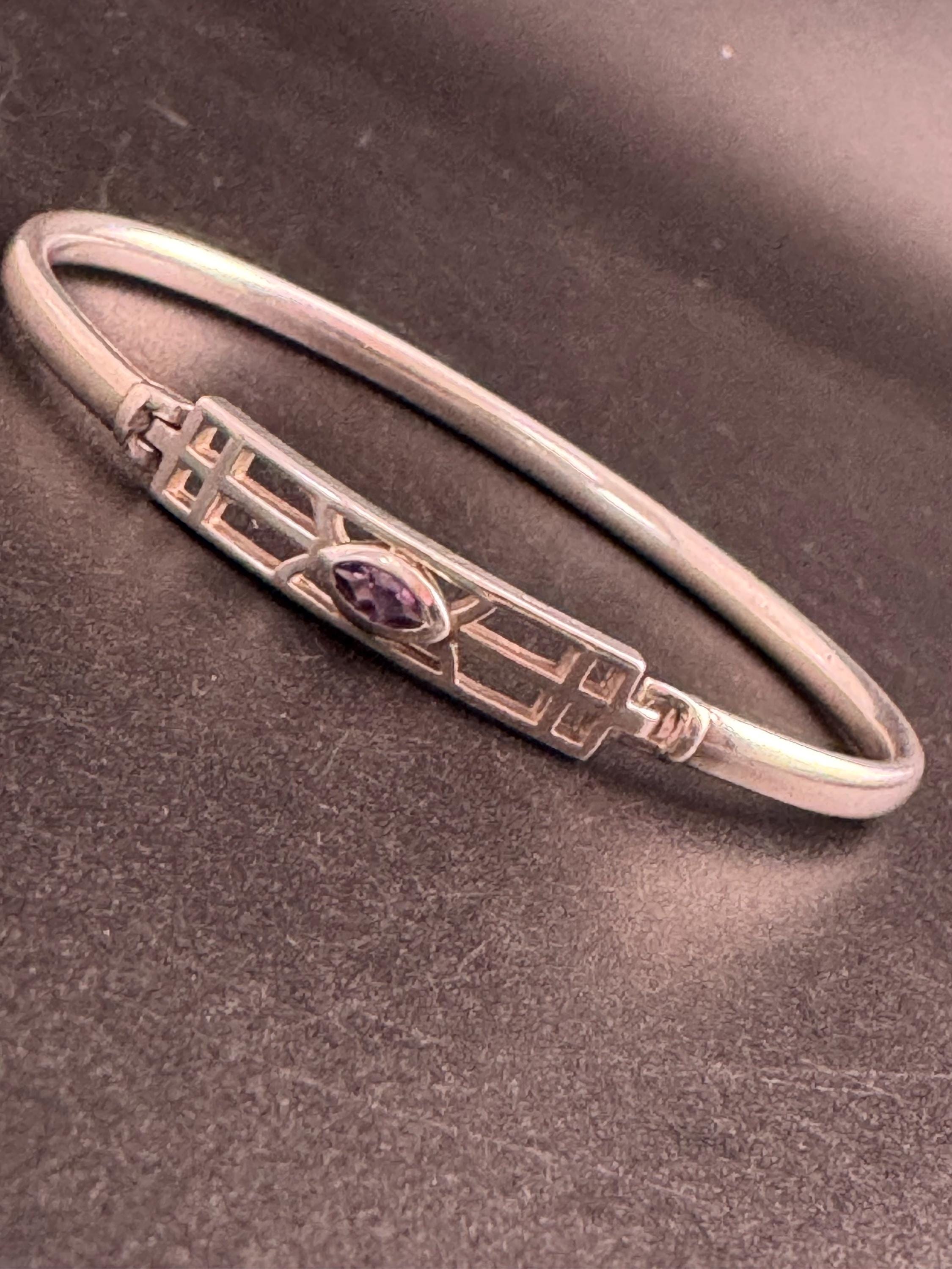 Vintage 925 Silver and amethyst bangle, purple bracelet Charles Rennie Mackintosh style