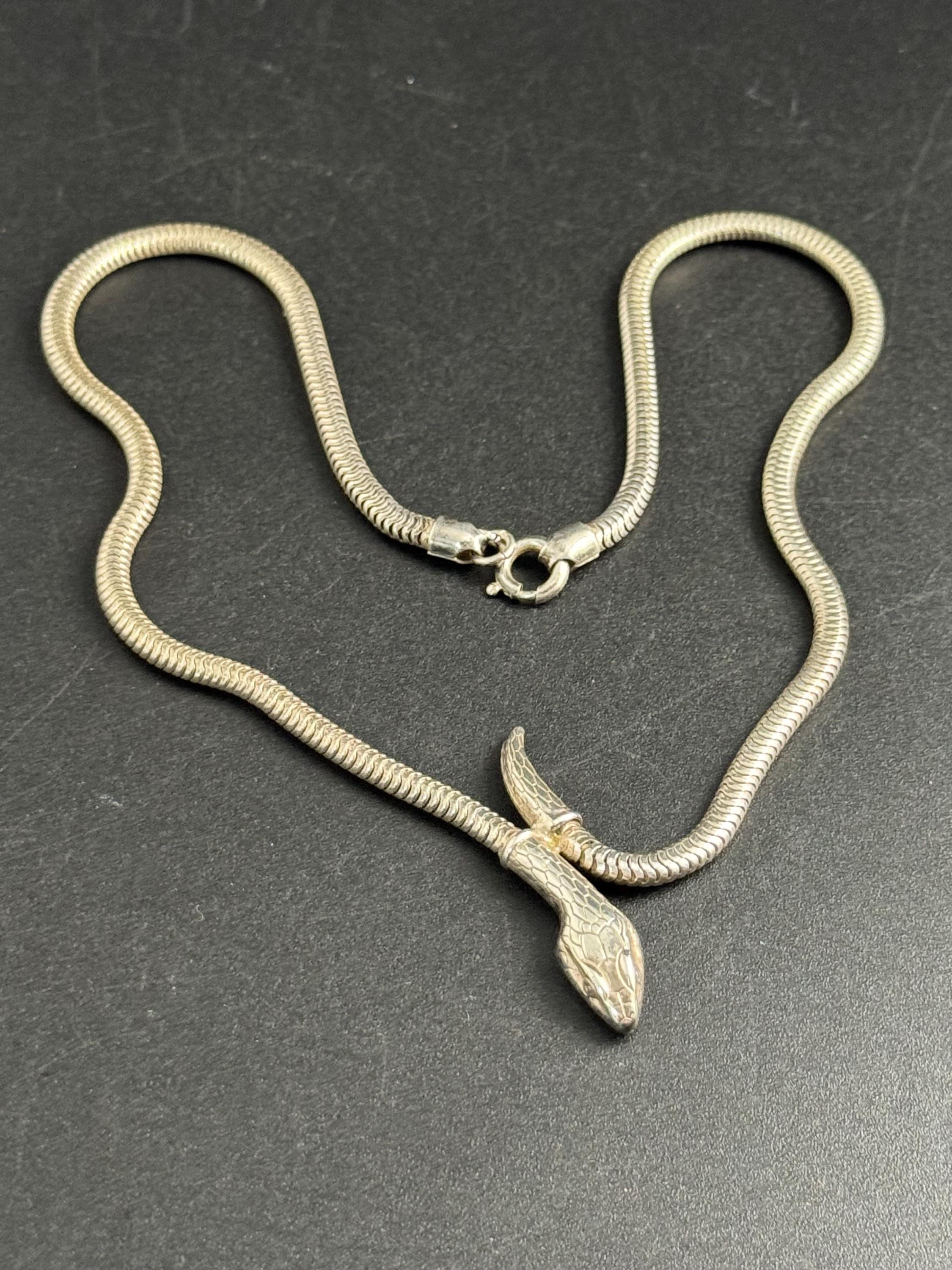 Vintage 925 silver snake head choker necklace 39.5cm