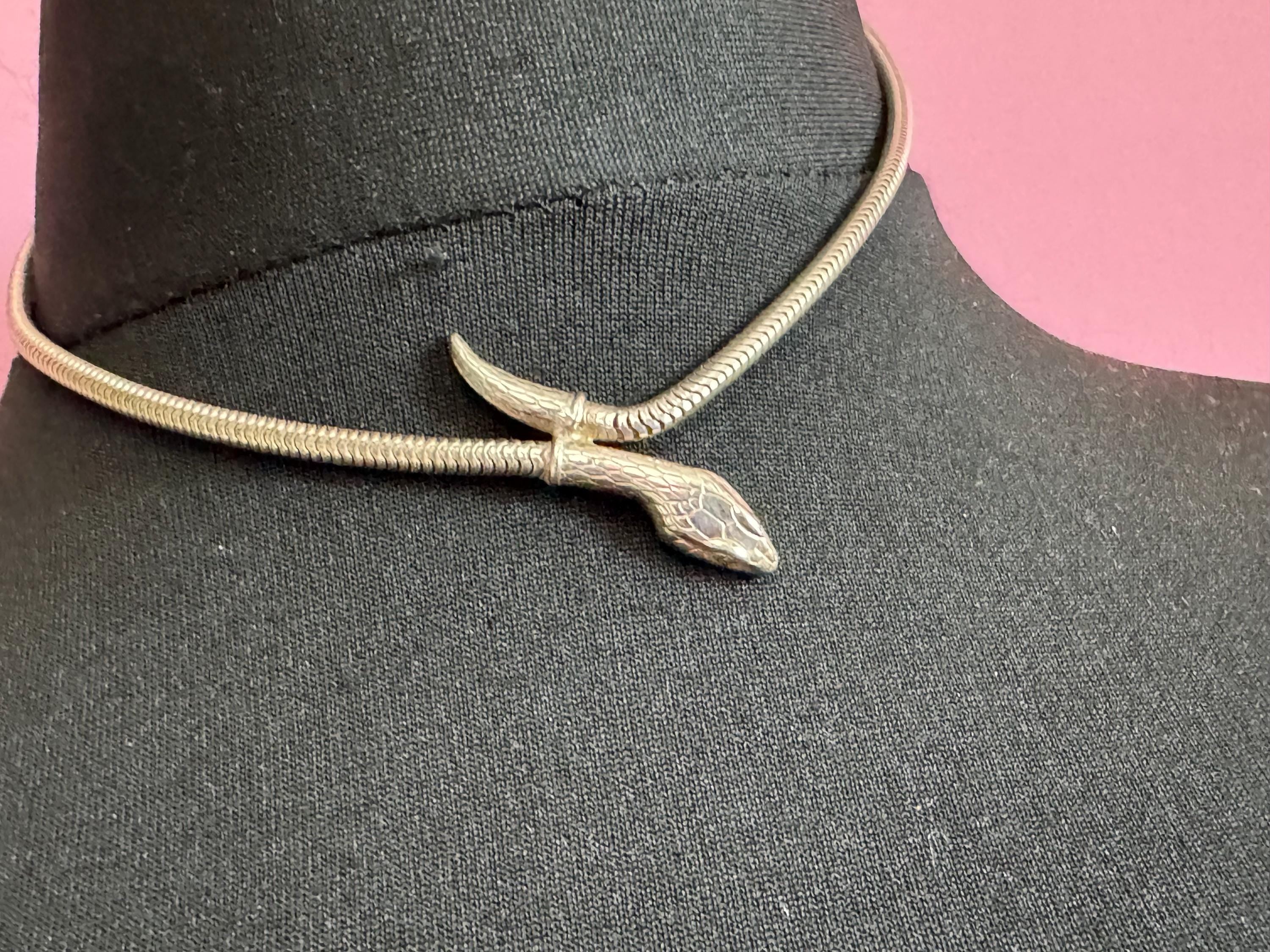 Vintage 925 silver snake head choker necklace 39.5cm