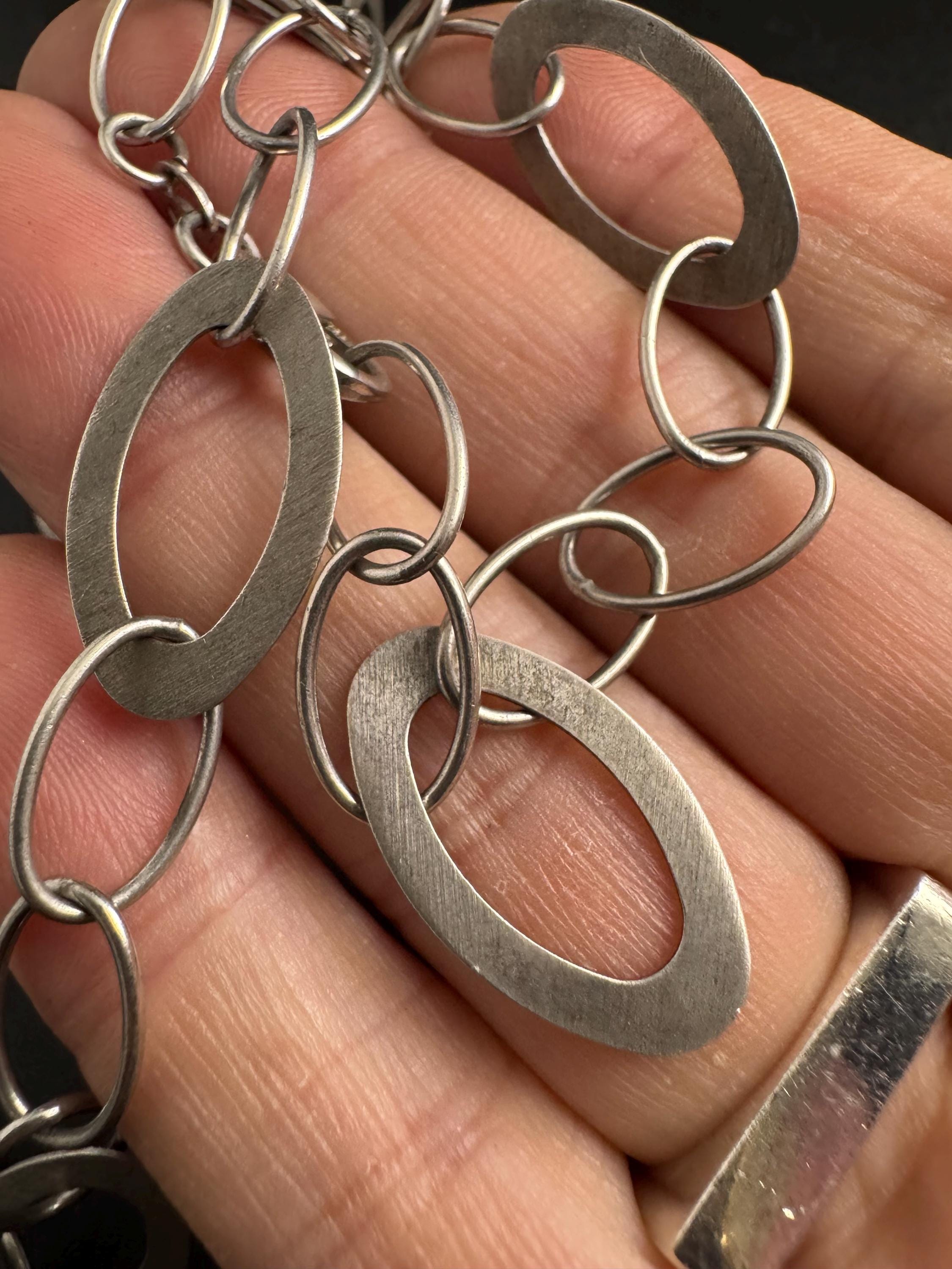 Matching sterling 925 silver hoop flat link necklace and bracelet jewellery set