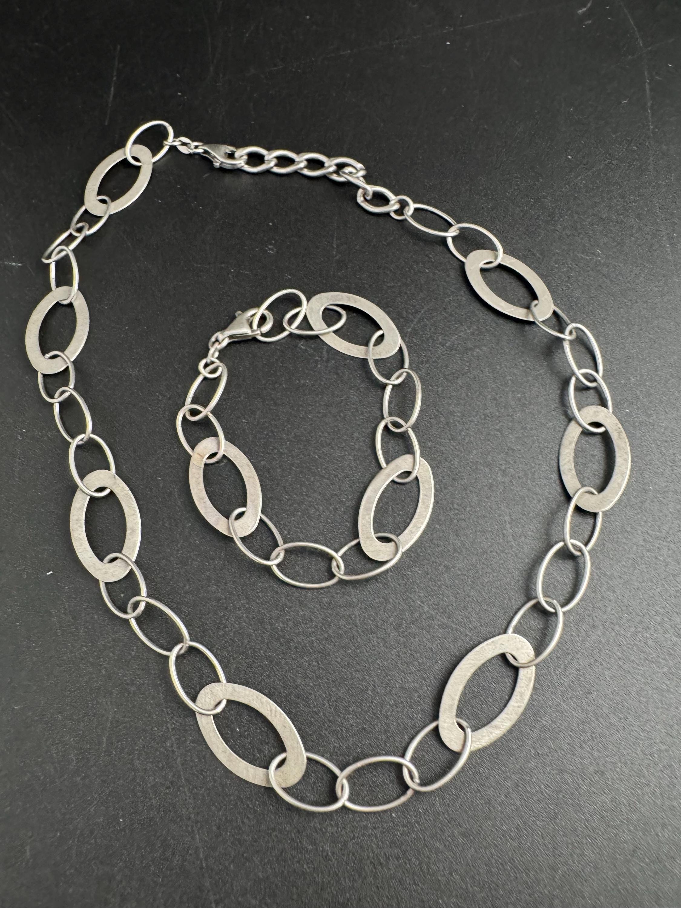 Matching sterling 925 silver hoop flat link necklace and bracelet jewellery set