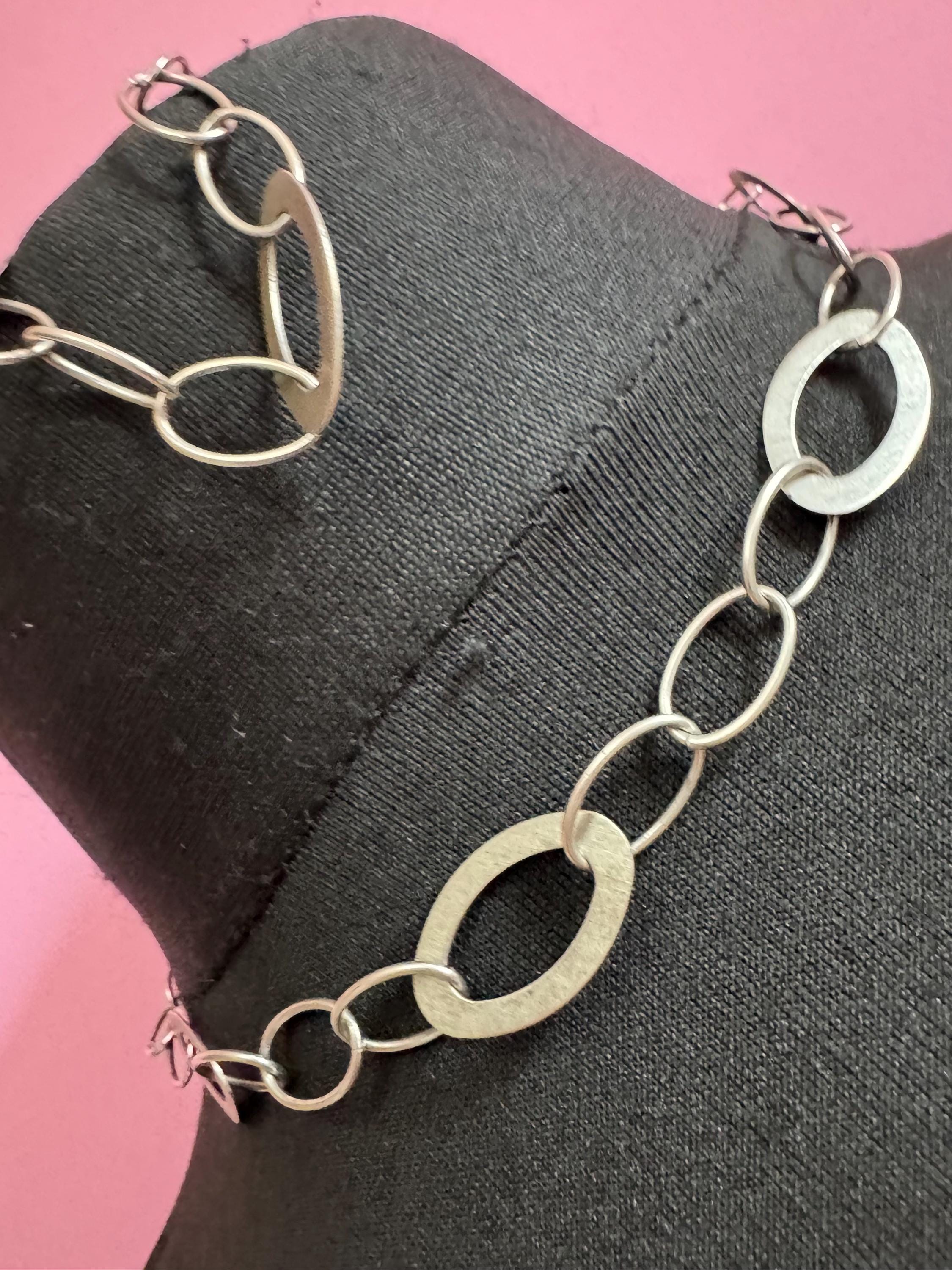 Matching sterling 925 silver hoop flat link necklace and bracelet jewellery set