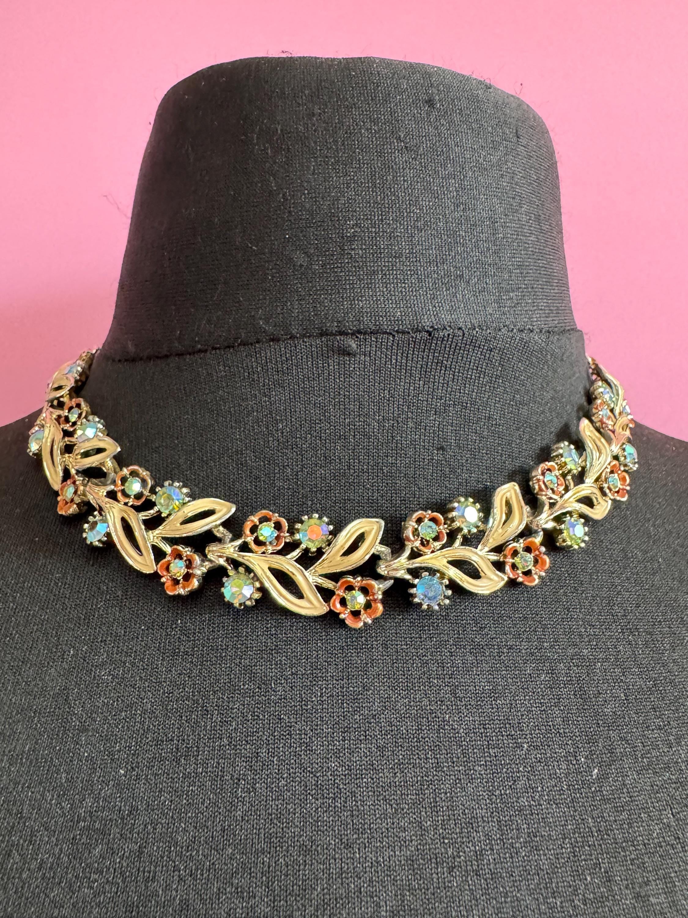 Vintage Aurora borealis and enamel leaf choker necklace, light gold tone with rhinestone