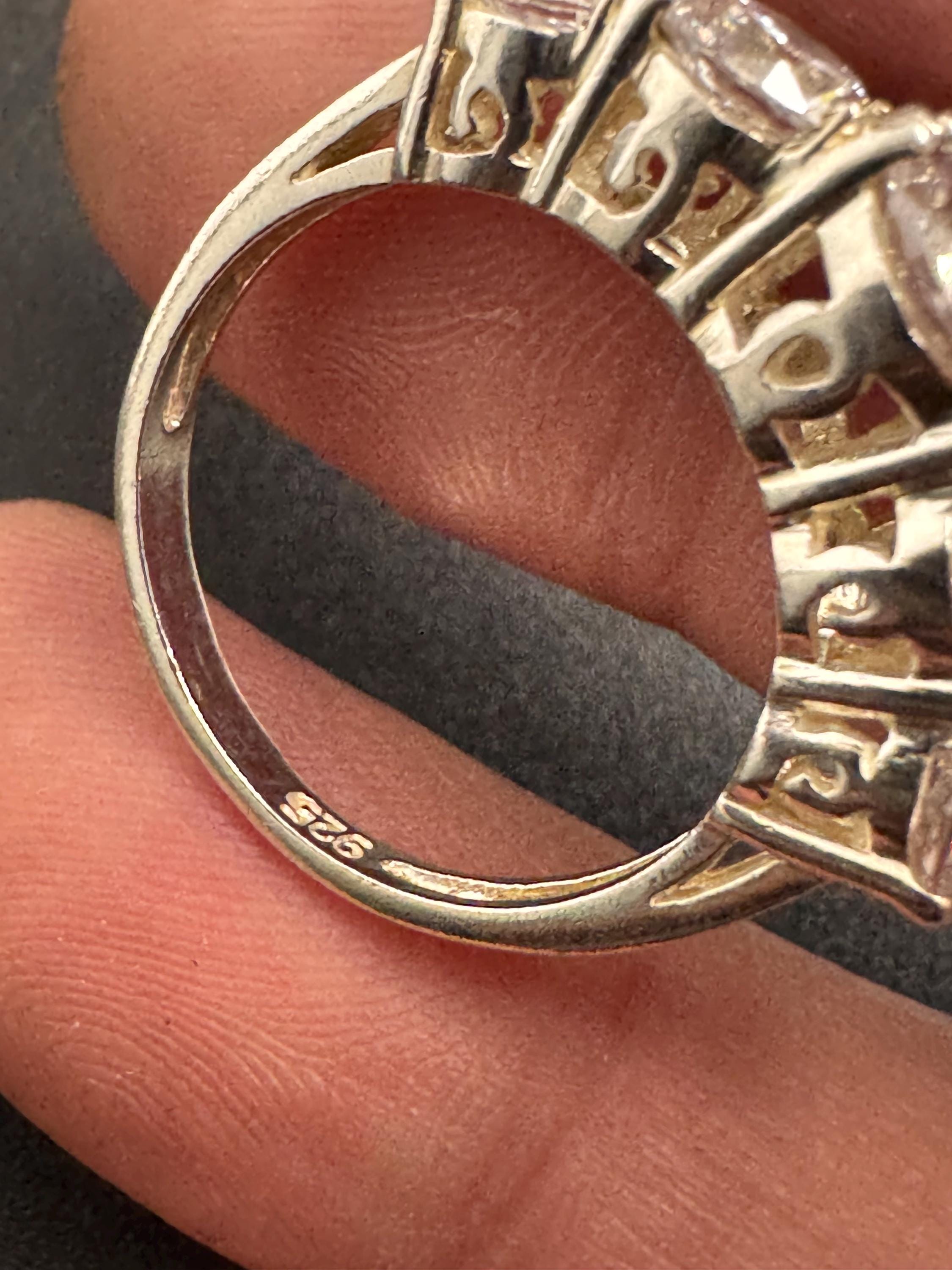vintage clear stone diamanté cocktail ring 925 sterling silver size p.5