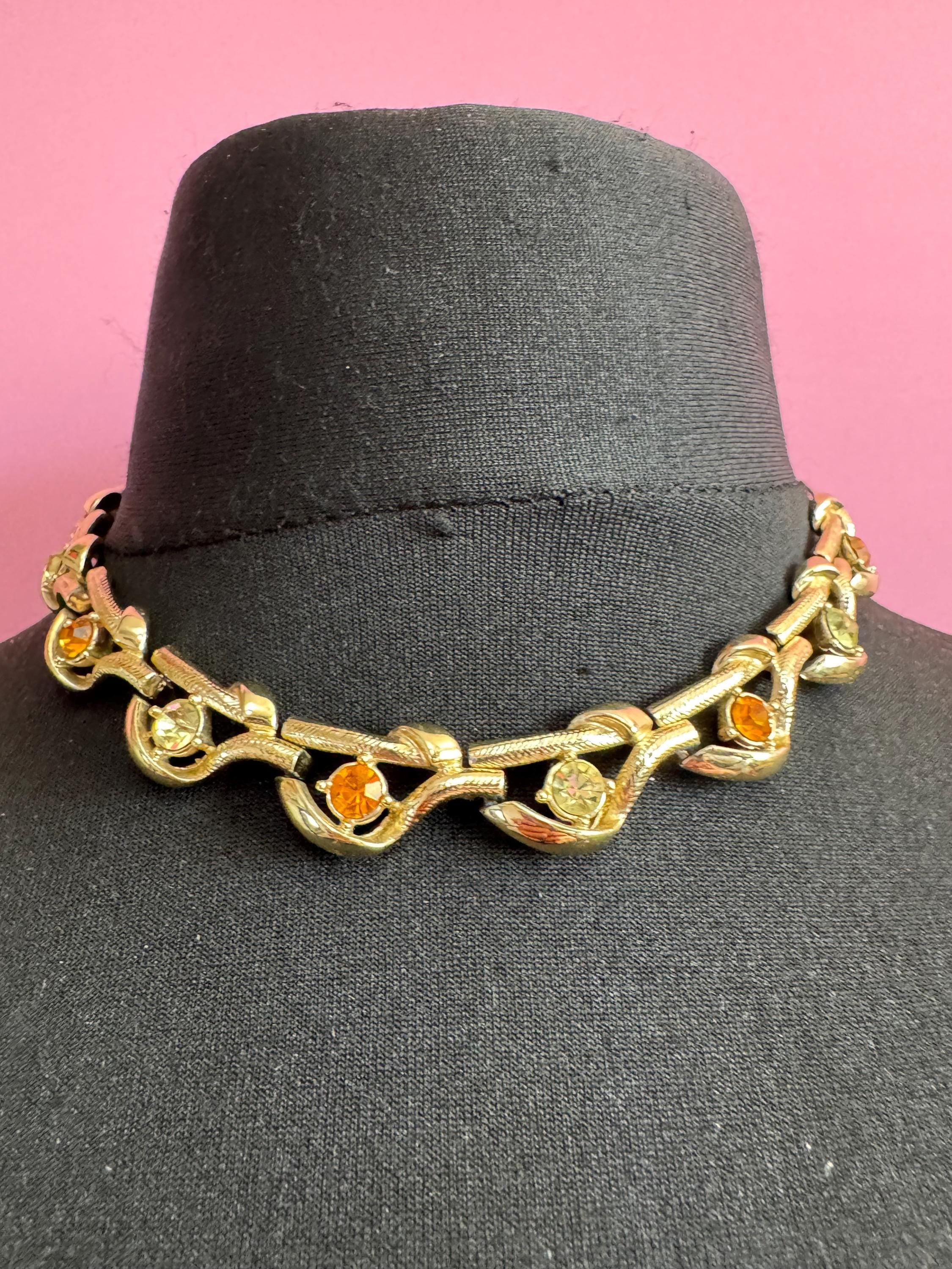 Vintage rhinestone floral choker necklace, gold tone with orange yellow stones