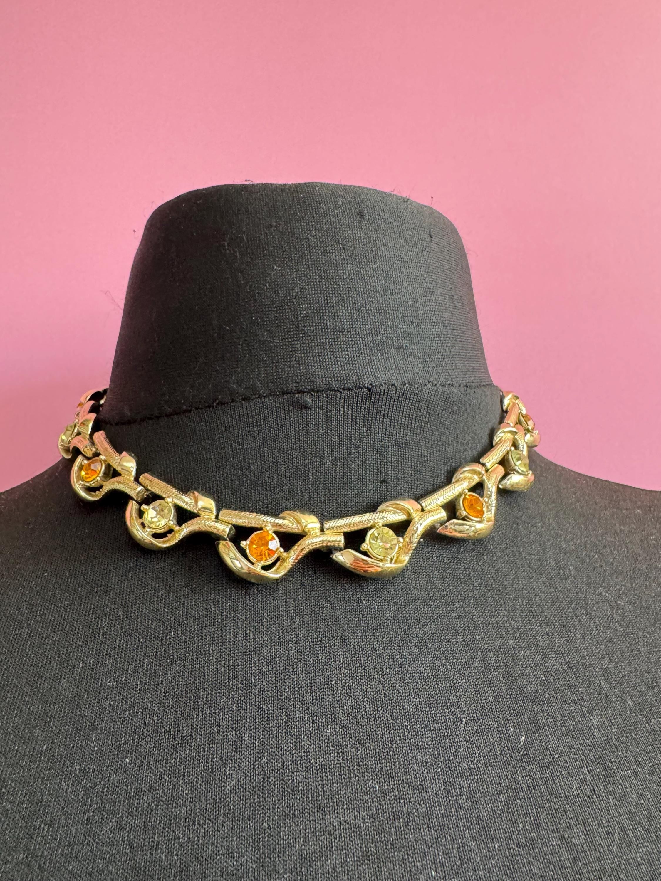 Vintage rhinestone floral choker necklace, gold tone with orange yellow stones