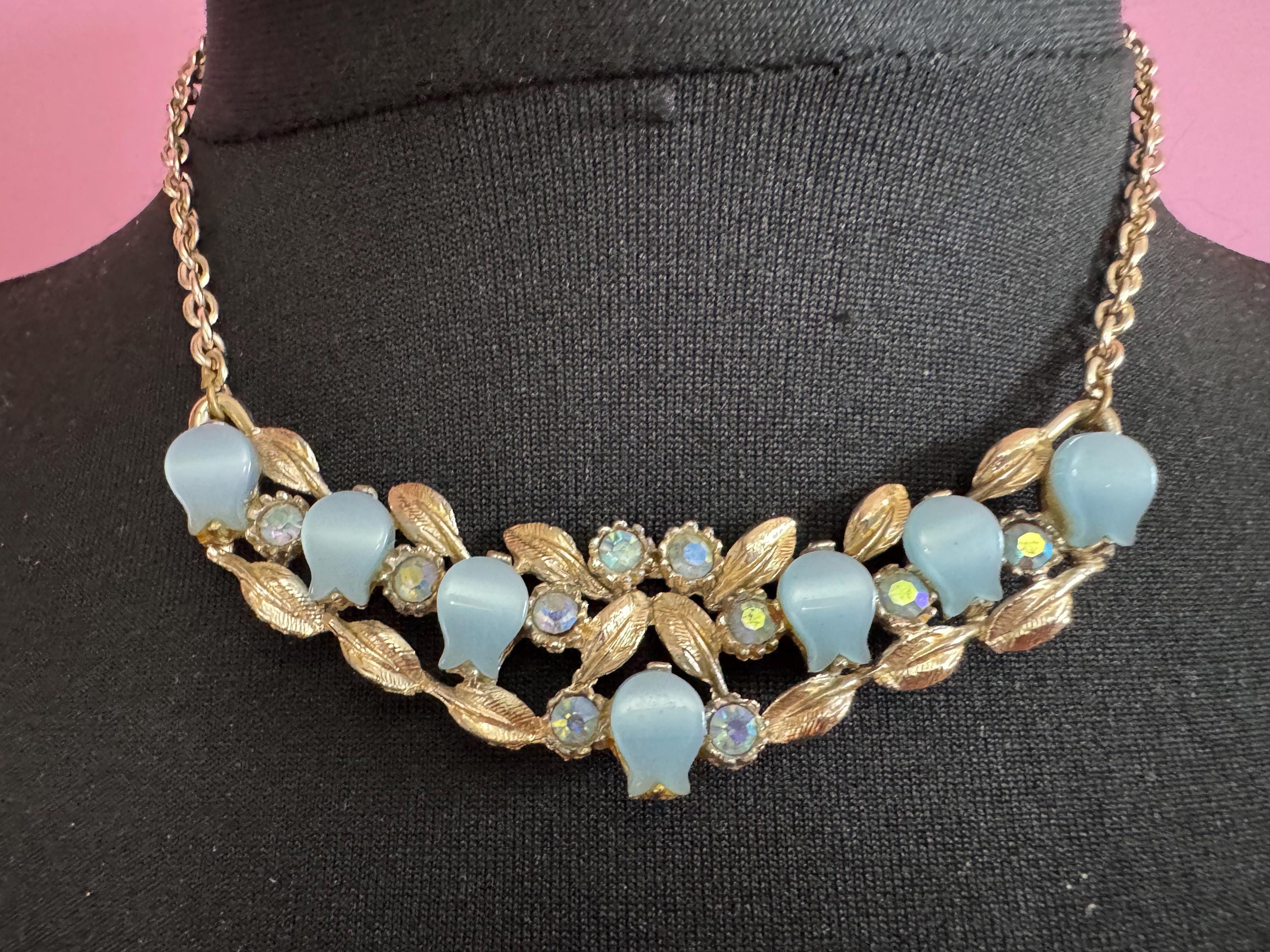 Vintage blue thermoset leaf choker necklace, light gold tone with AB Rhinestones
