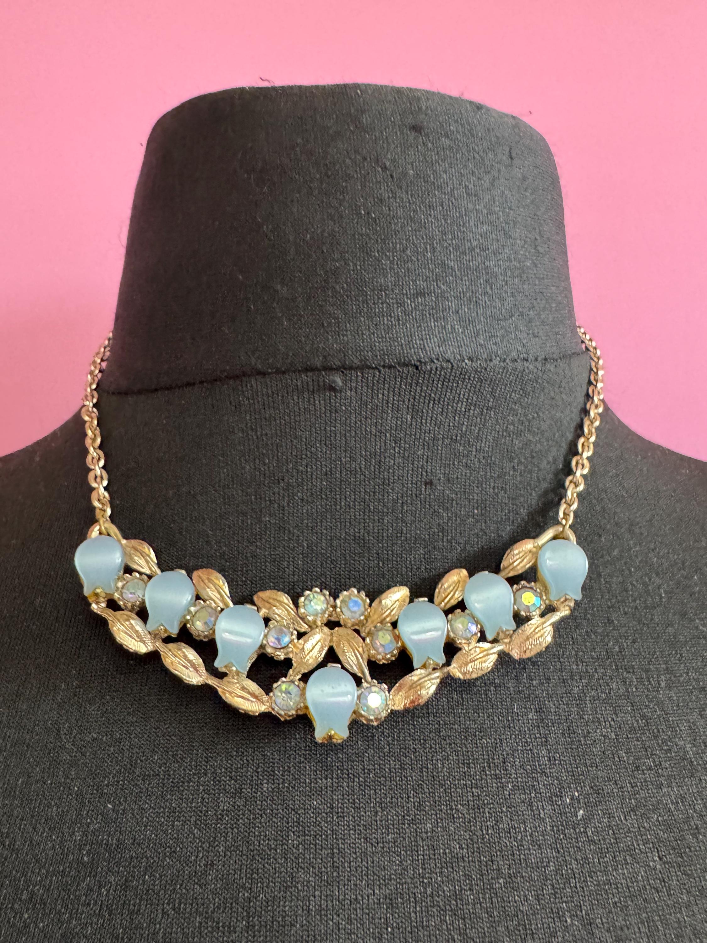 Vintage blue thermoset leaf choker necklace, light gold tone with AB Rhinestones