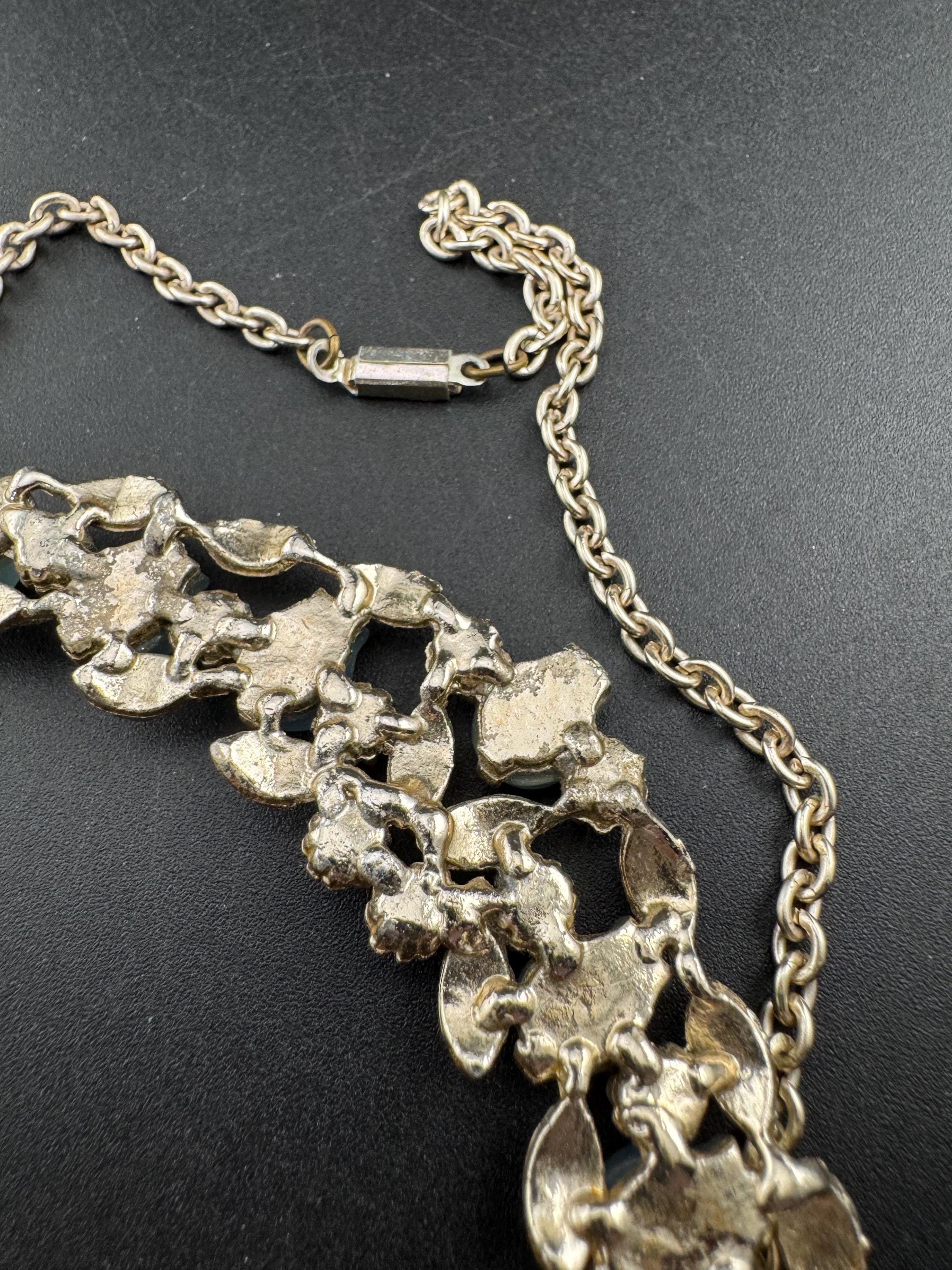 Vintage blue thermoset leaf choker necklace, light gold tone with AB Rhinestones