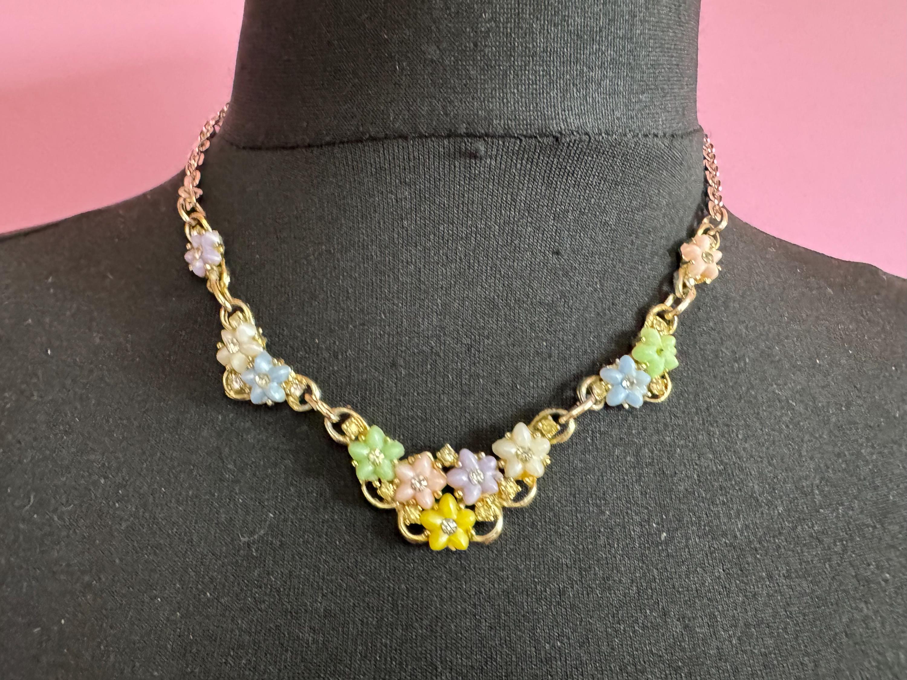 Vintage pastel flower choker necklace, light gold tone with AB Rhinestones