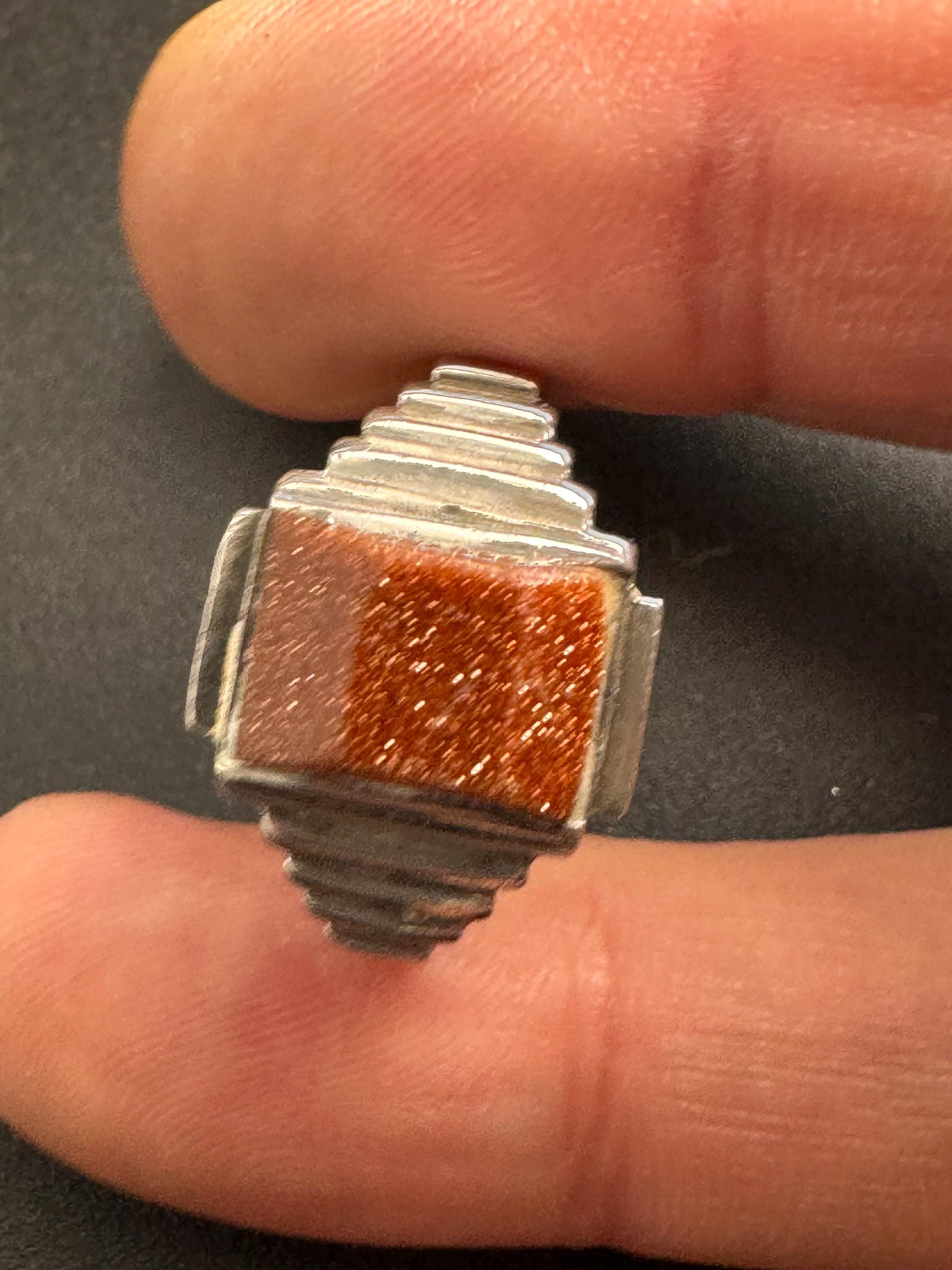 size R Vintage goldstone gemstone 925 sterling silver mens signet ring ,