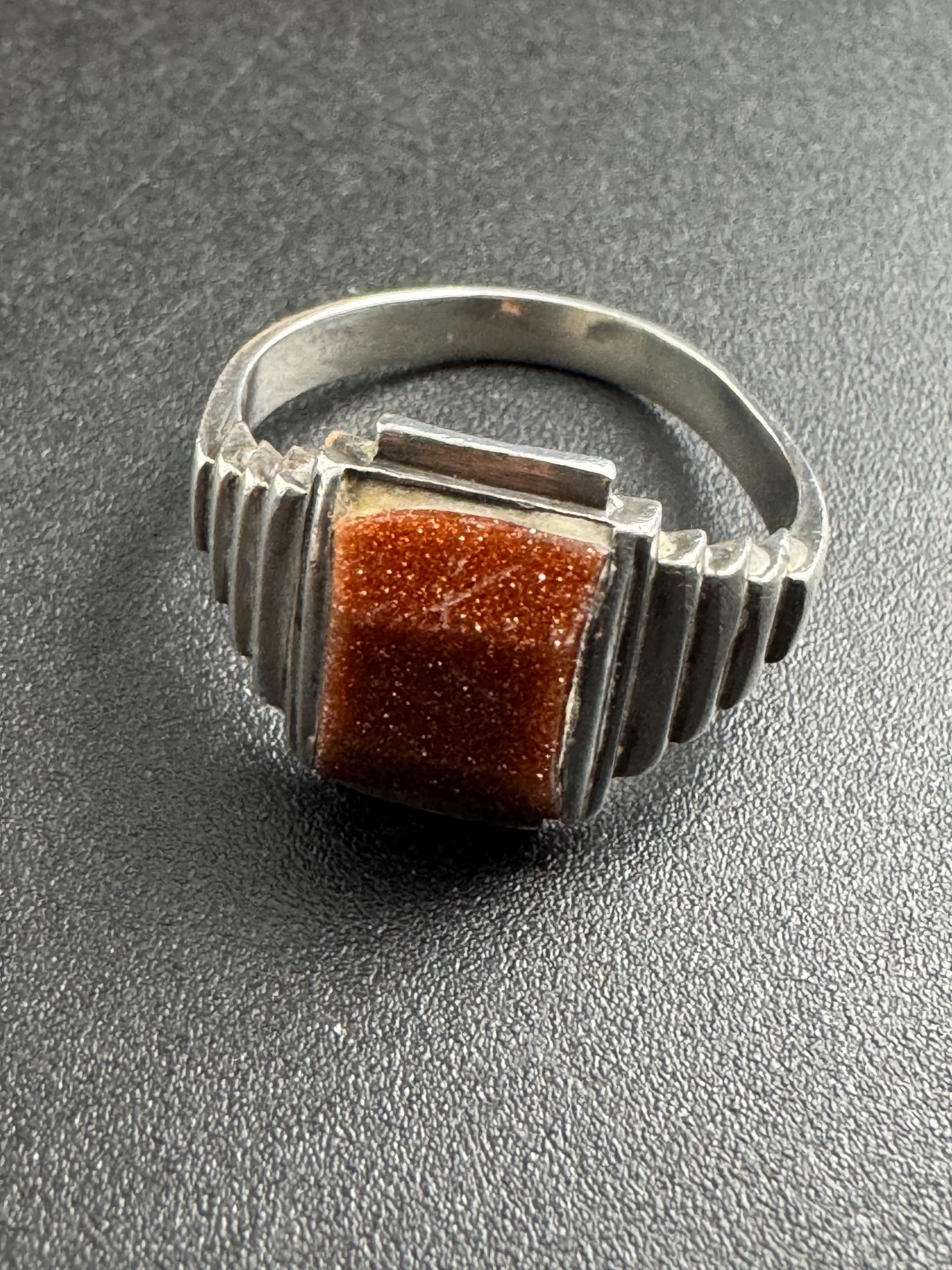 size R Vintage goldstone gemstone 925 sterling silver mens signet ring ,