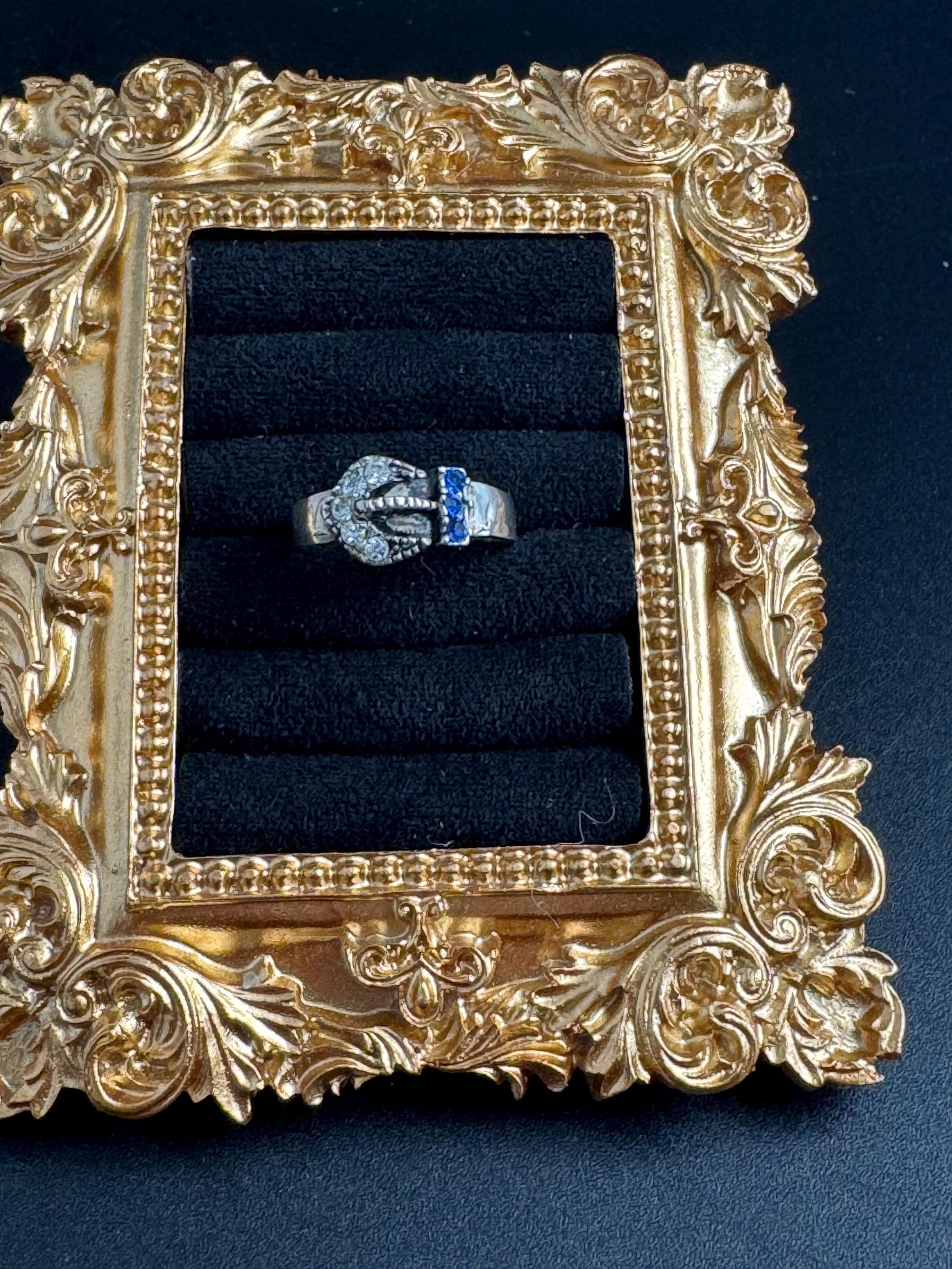 Antique Edwardian sterling silver sapphire paste set buckle ring size P