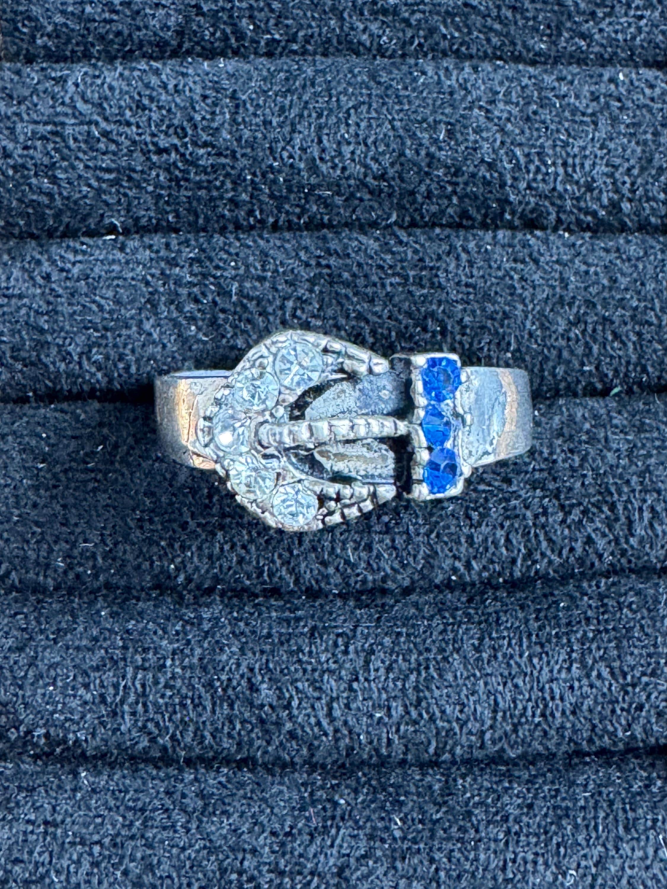 Antique Edwardian sterling silver sapphire paste set buckle ring size P