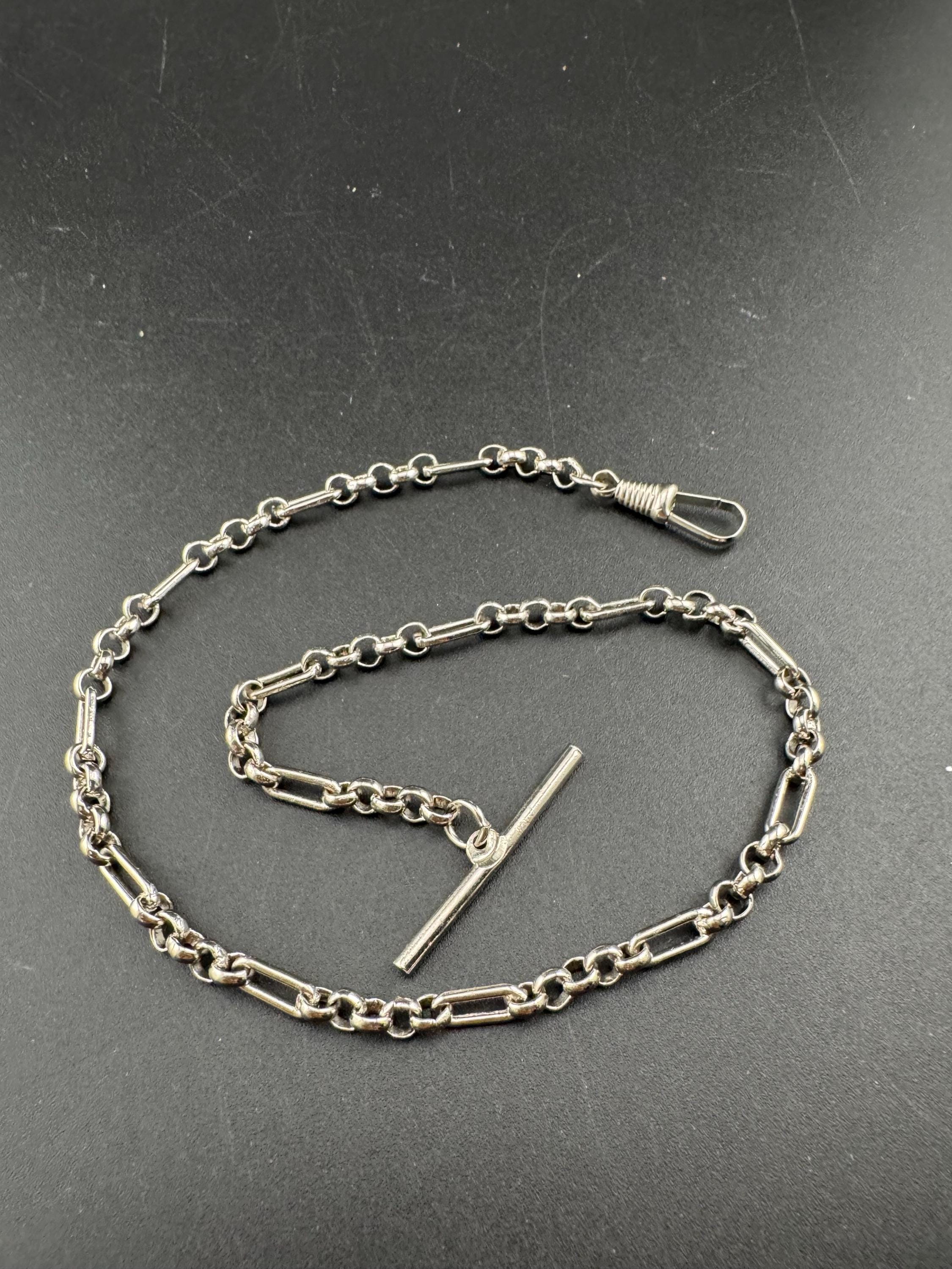 Art Deco long Tbar Pocket Watch Chain: Silver Metal machine age, 38.5cm