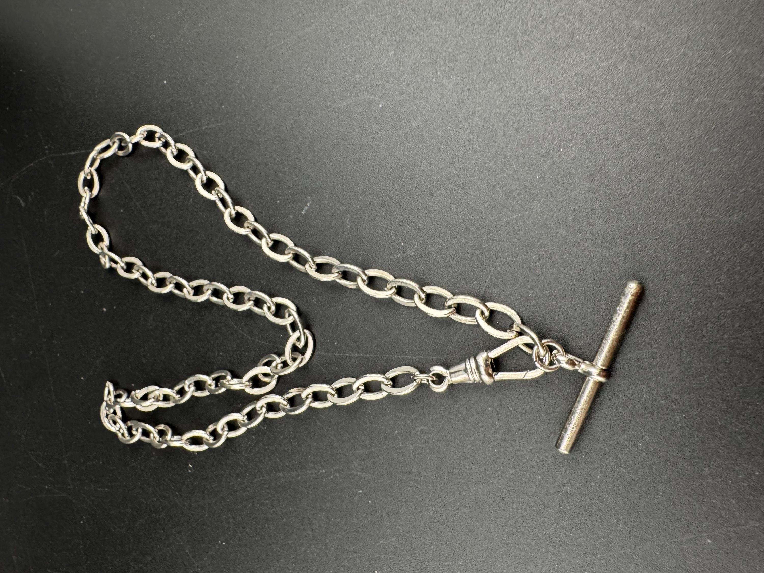 Art Deco Pocket Watch Chain T bar necklace : Silver Metal machine age, 54cm