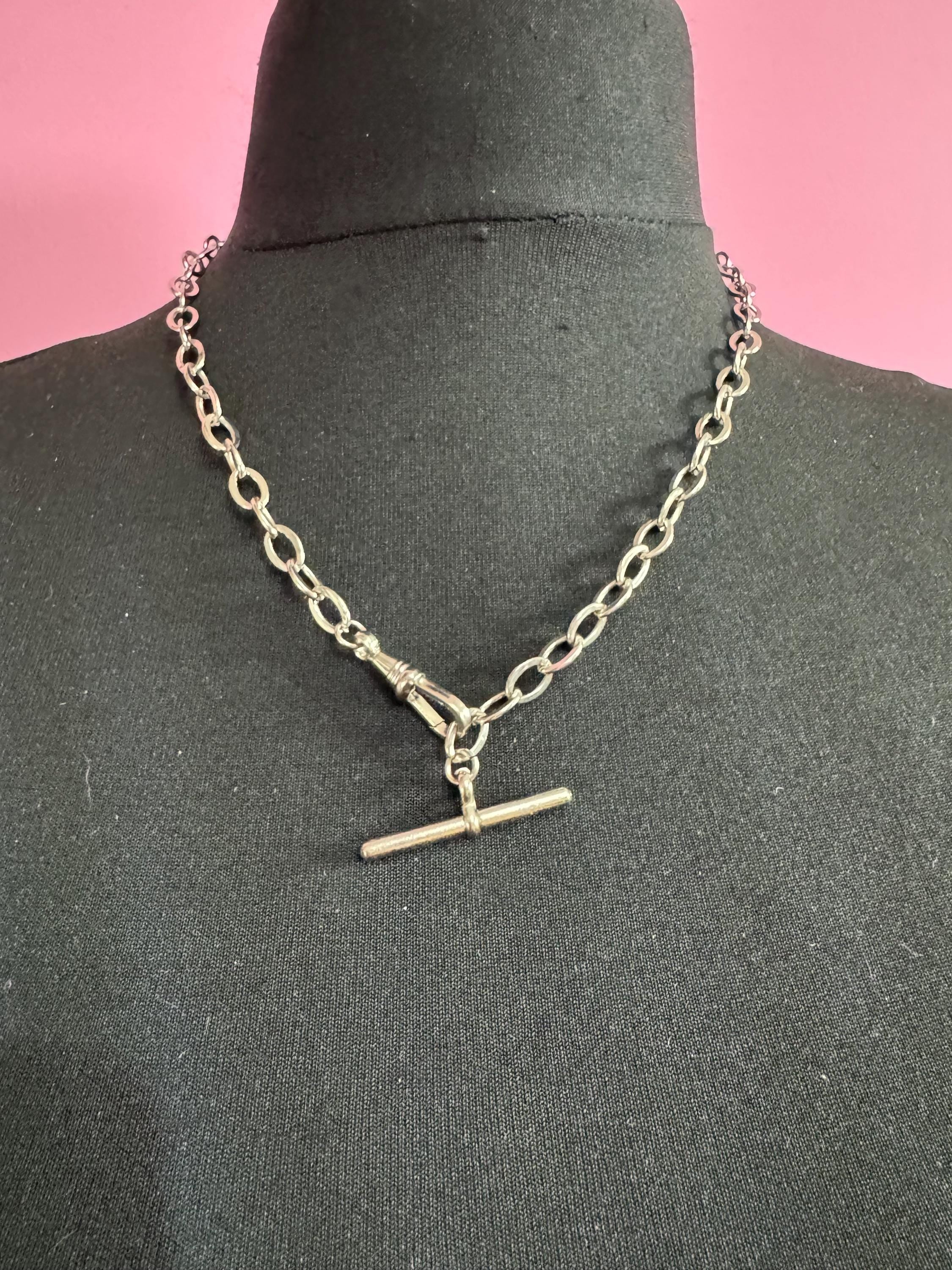 Art Deco Pocket Watch Chain T bar necklace : Silver Metal machine age, 54cm