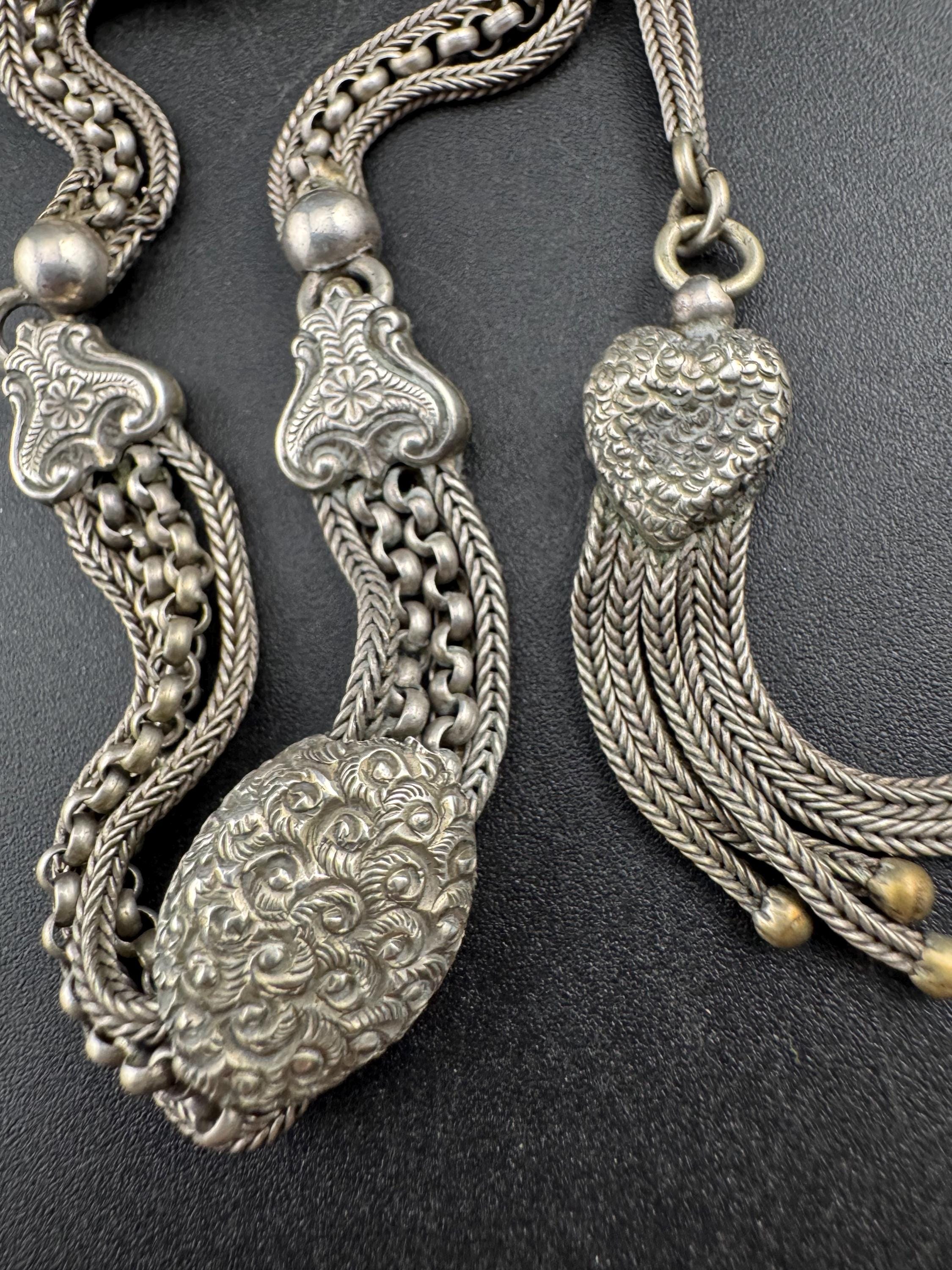 antique solid silver Victorian Albertina pocket watch chain, with tassel guard clasp 20.5cm