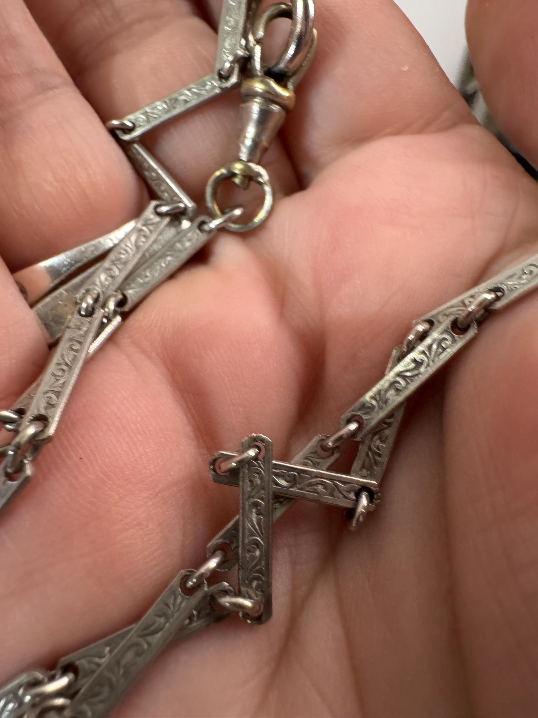 Antique Art Deco silver Pocket Watch guard Chain: 925 and mixed metal Victorian 51cm