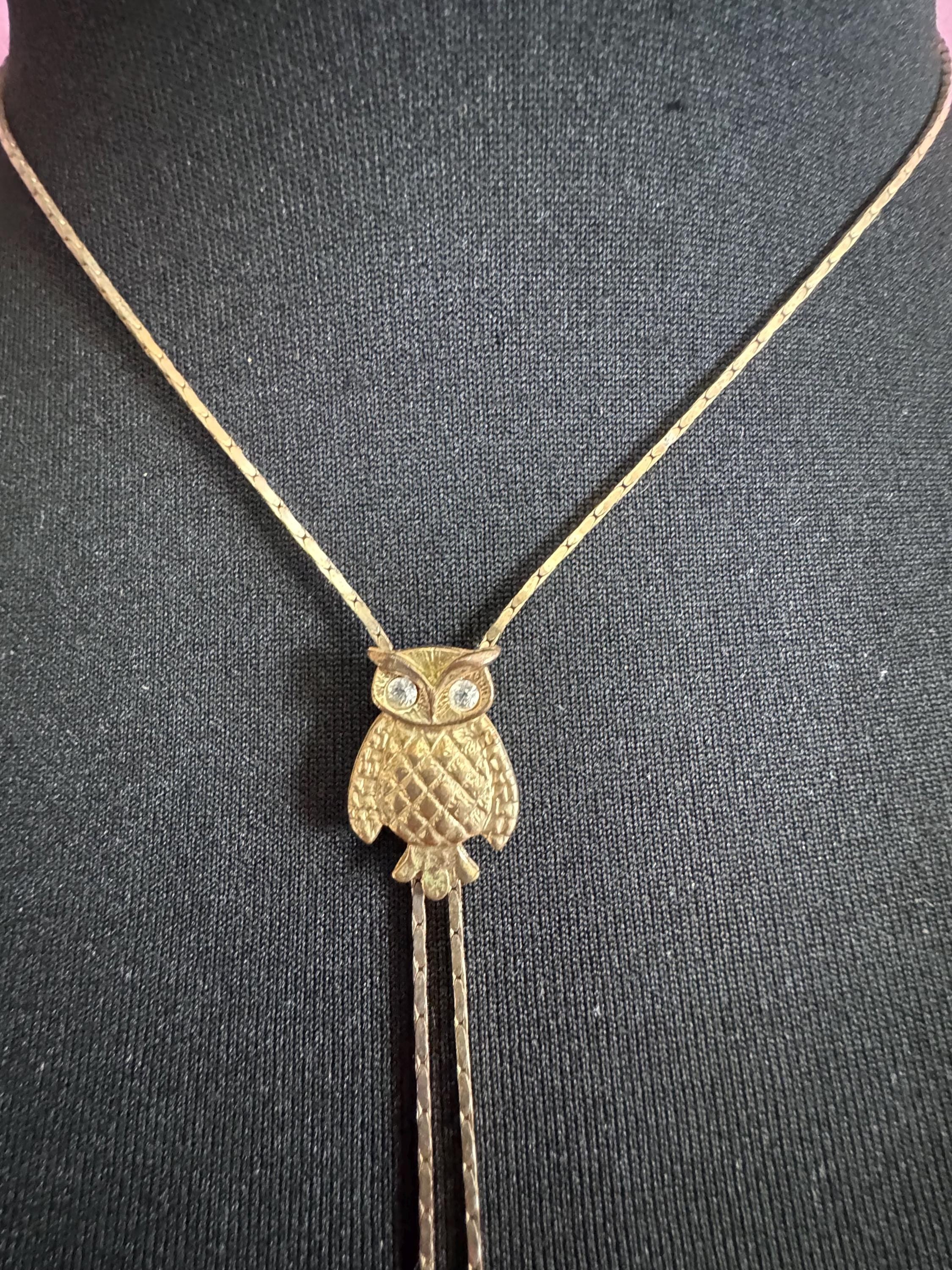 Vintage owl slider bolo necklace, with pat no , gold plated