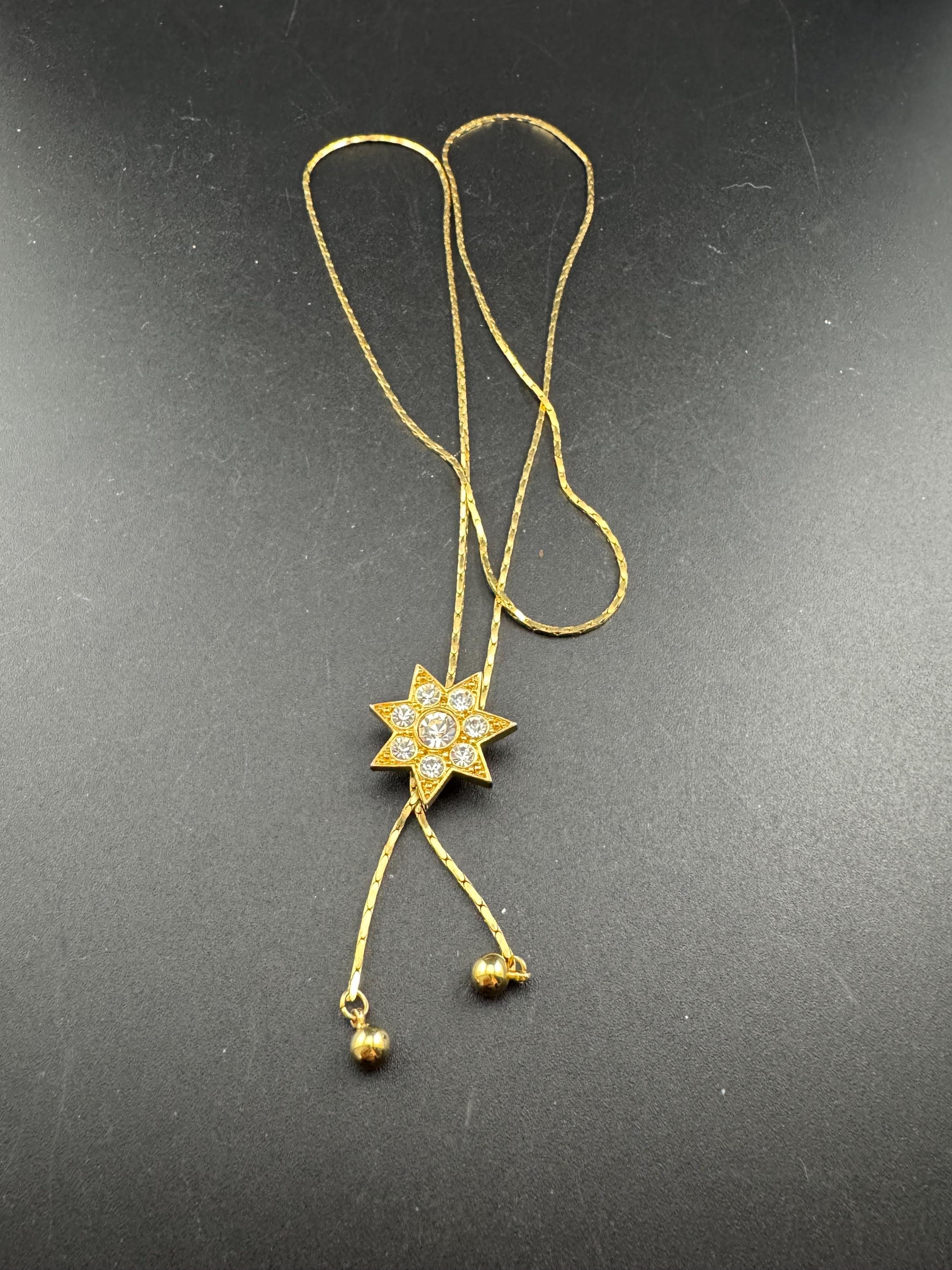 Vintage star crystal slider bolo necklace, with pat no , gold plated
