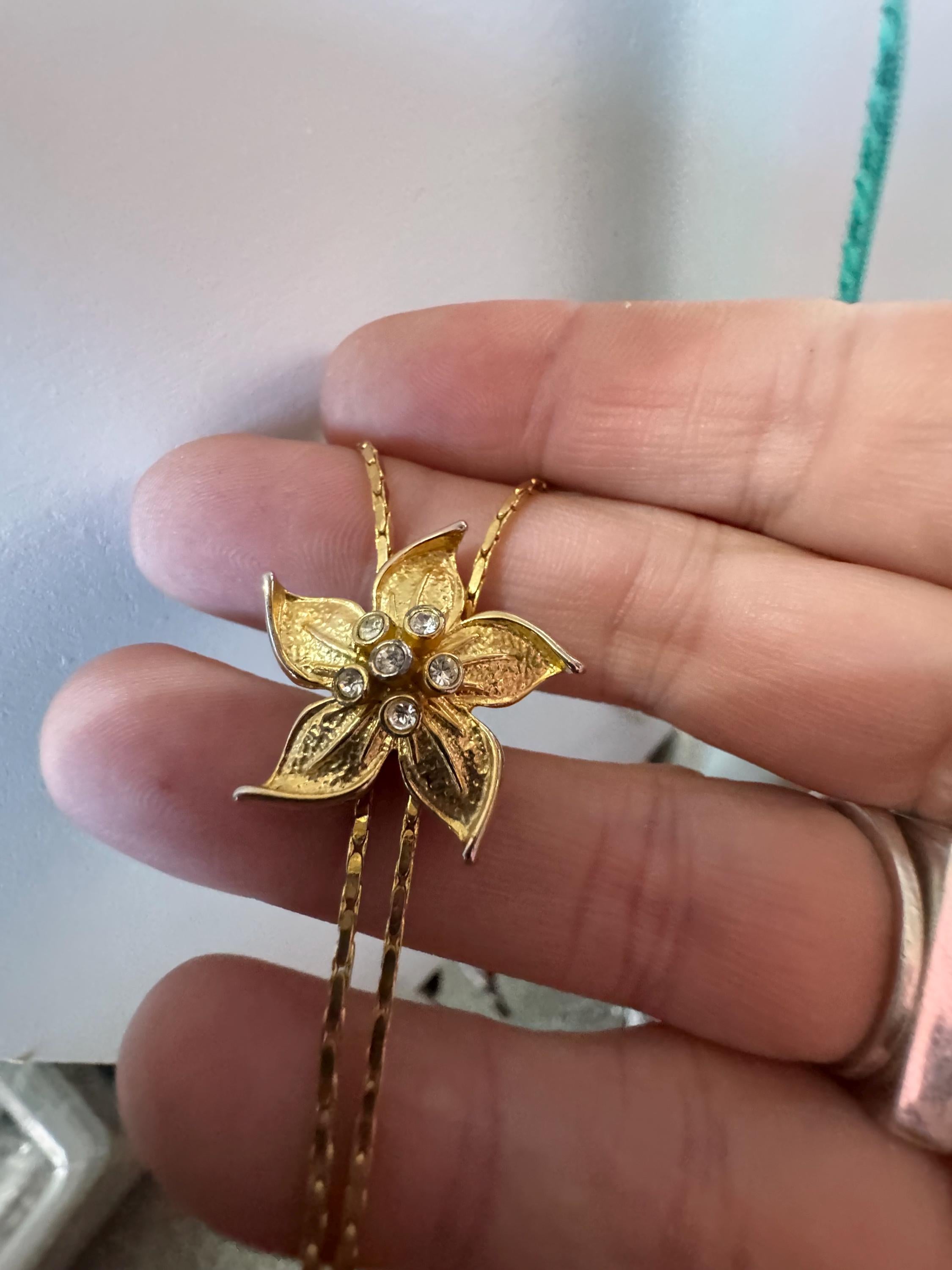 Vintage flower crystal slider bolo necklace, with pat no , gold plated