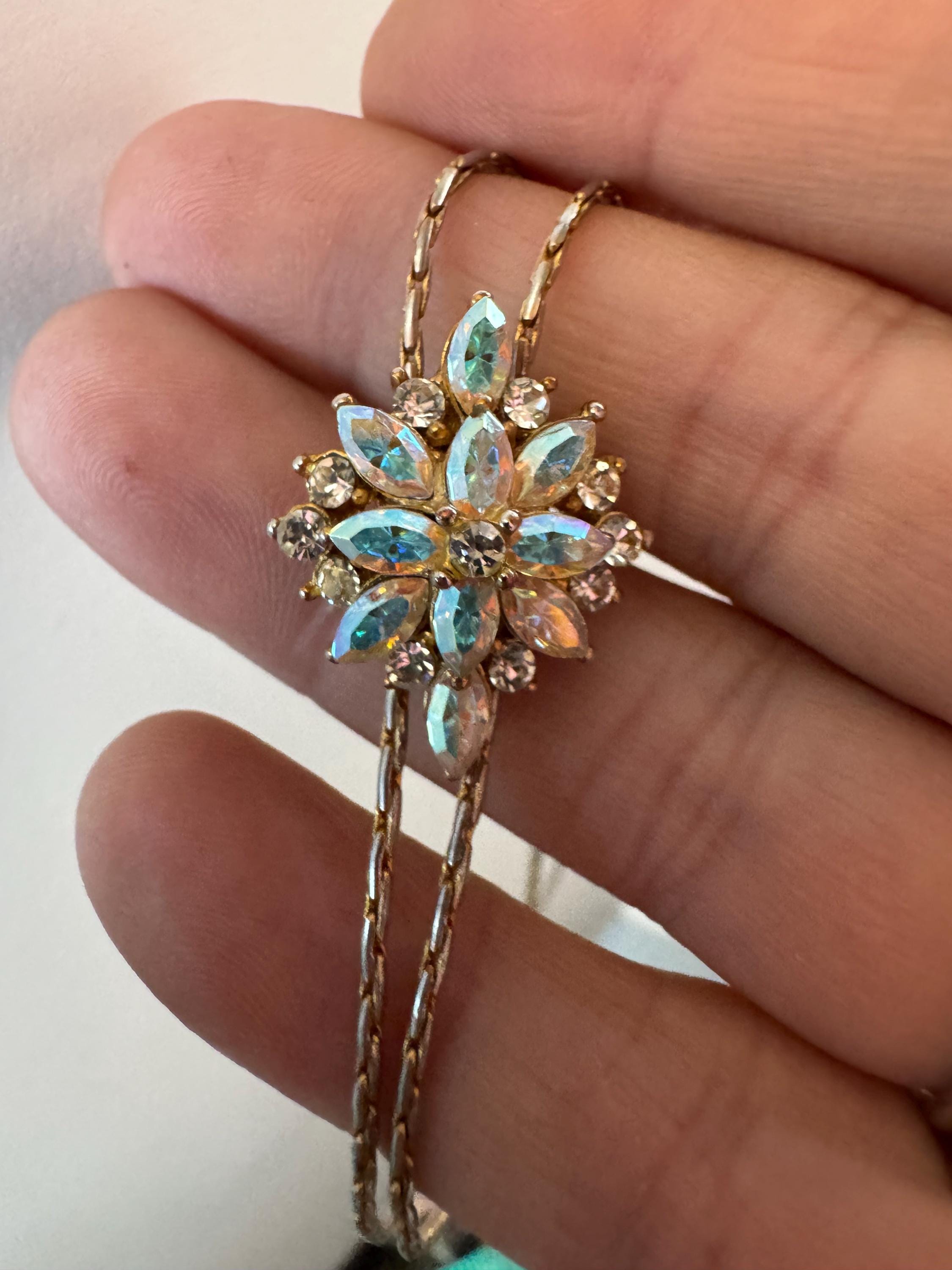 Vintage ab crystal slider bolo necklace, gold plated diamanté