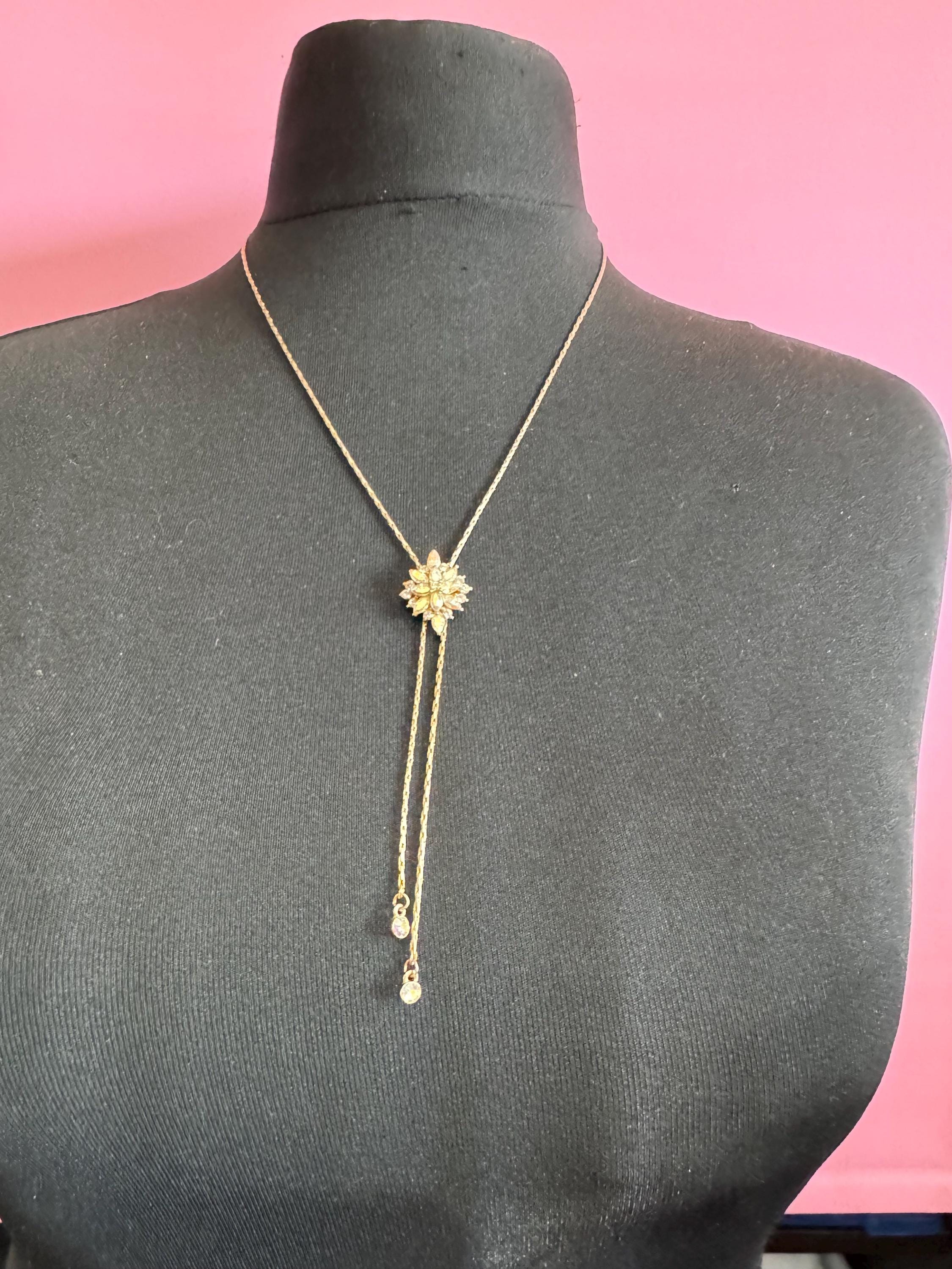 Vintage ab crystal slider bolo necklace, gold plated diamanté