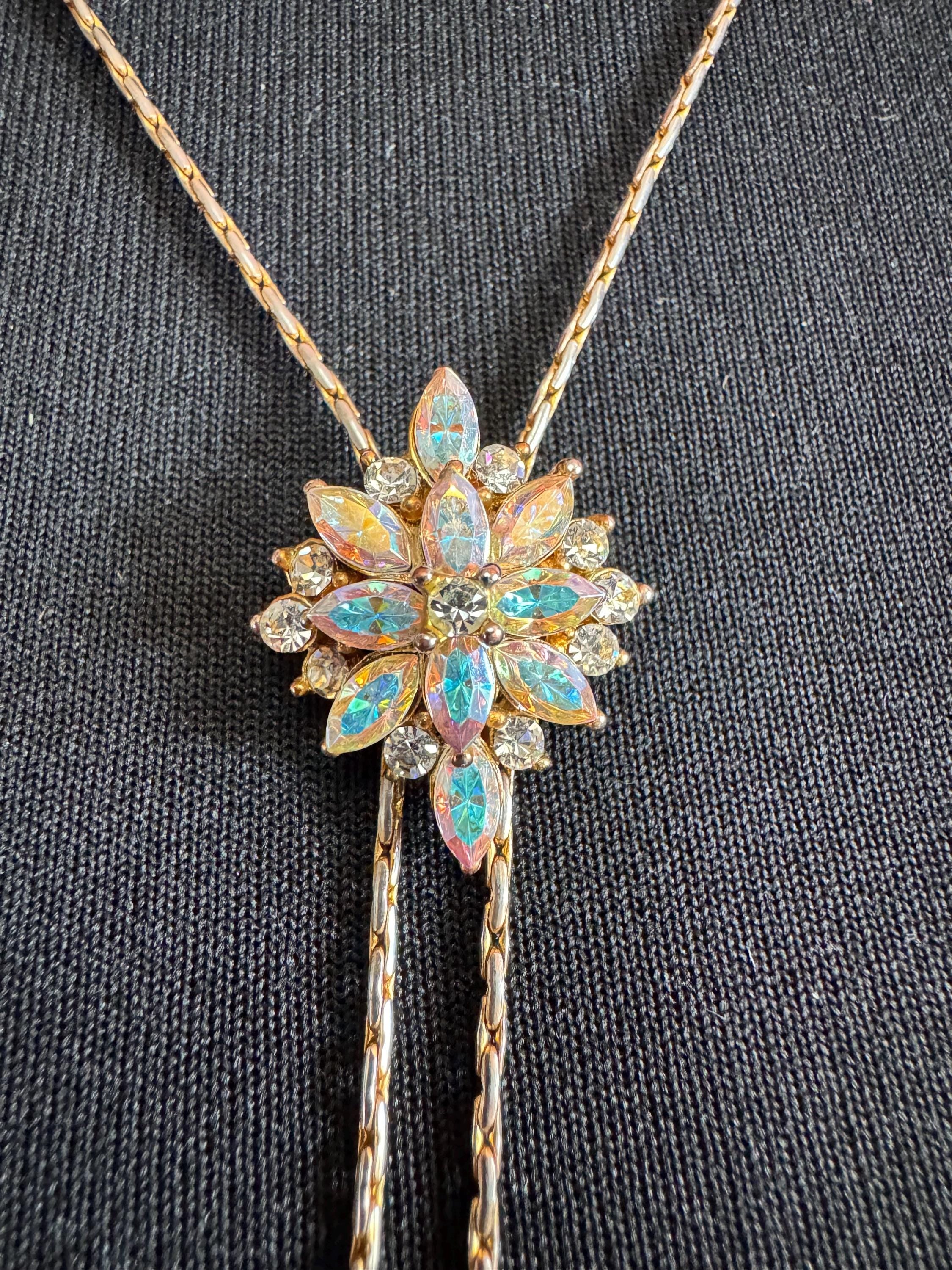 Vintage ab crystal slider bolo necklace, gold plated diamanté