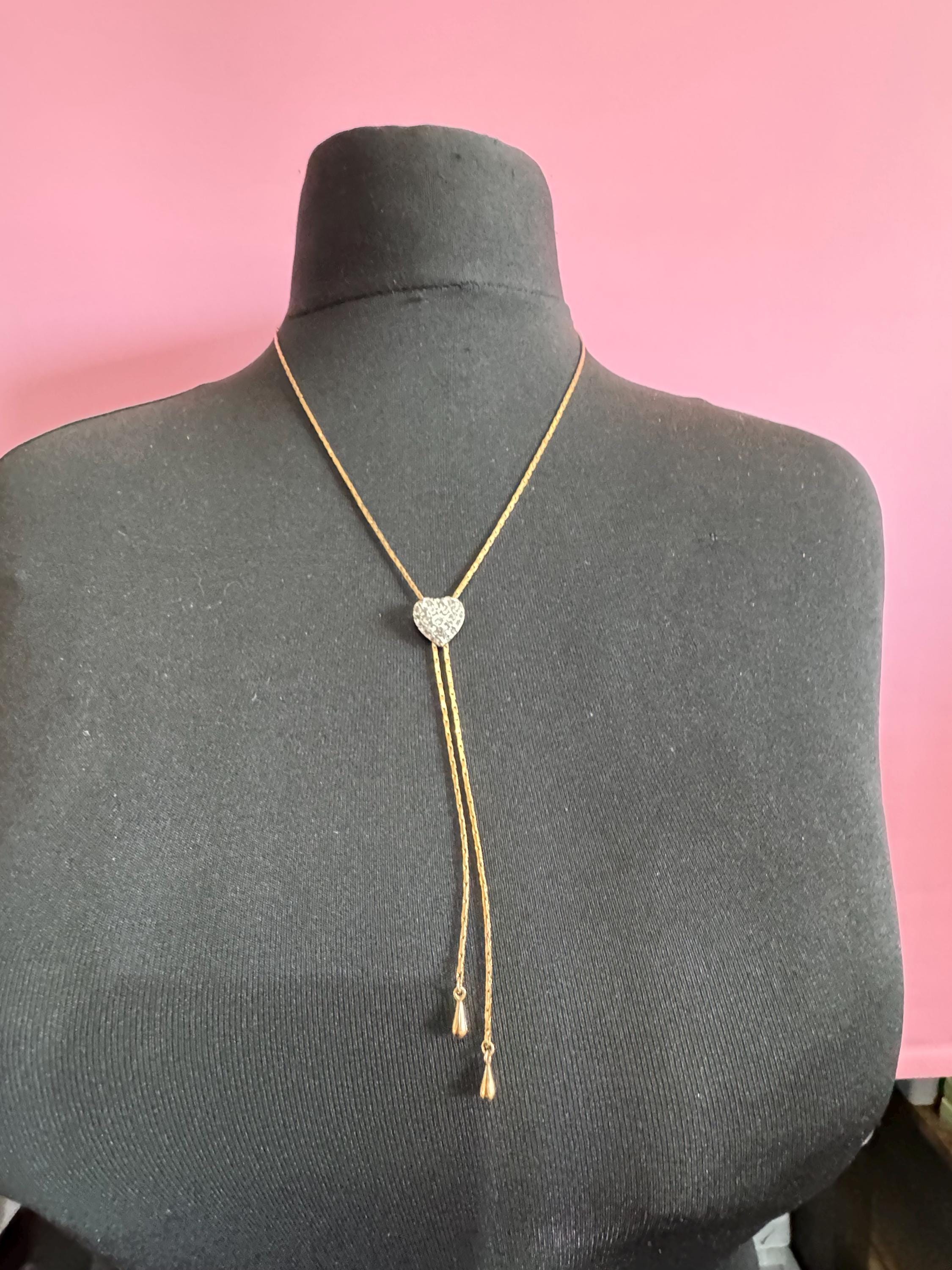 Vintage love heart crystal slider bolo necklace, gold plated diamanté