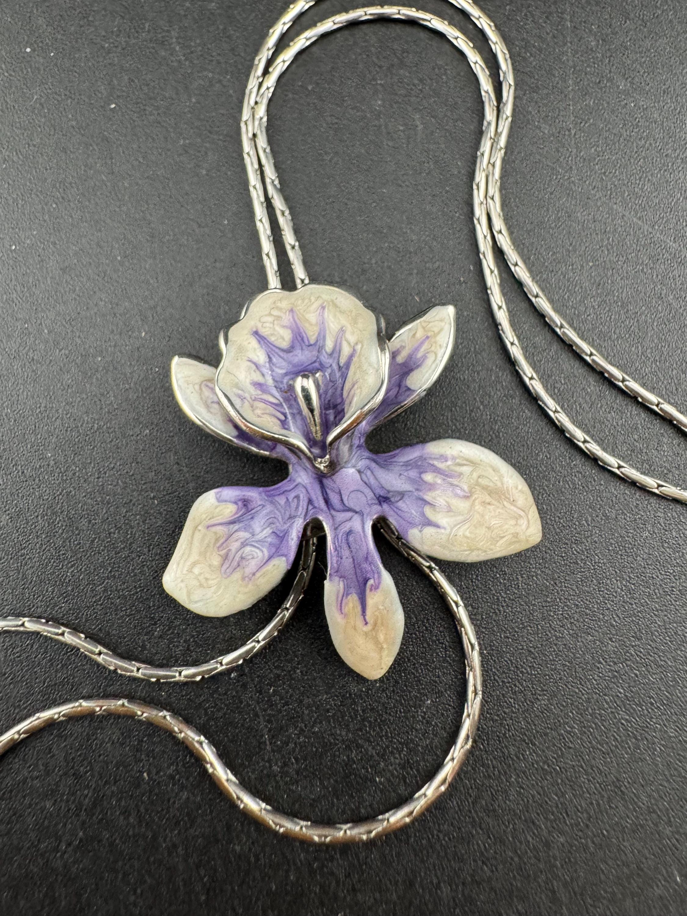 Vintage purple enamel orchid flower slider bolo necklace, silver tone
