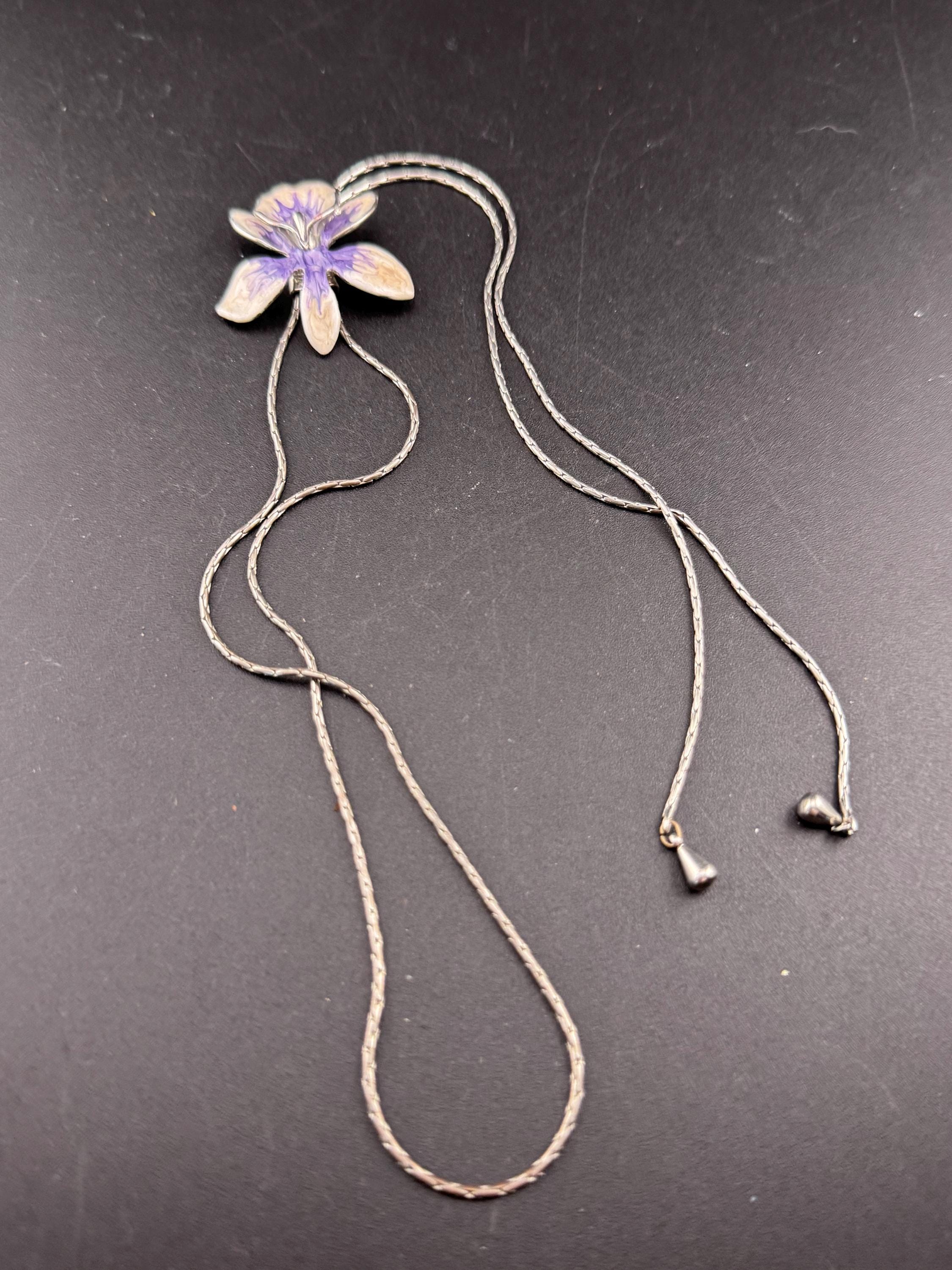 Vintage purple enamel orchid flower slider bolo necklace, silver tone