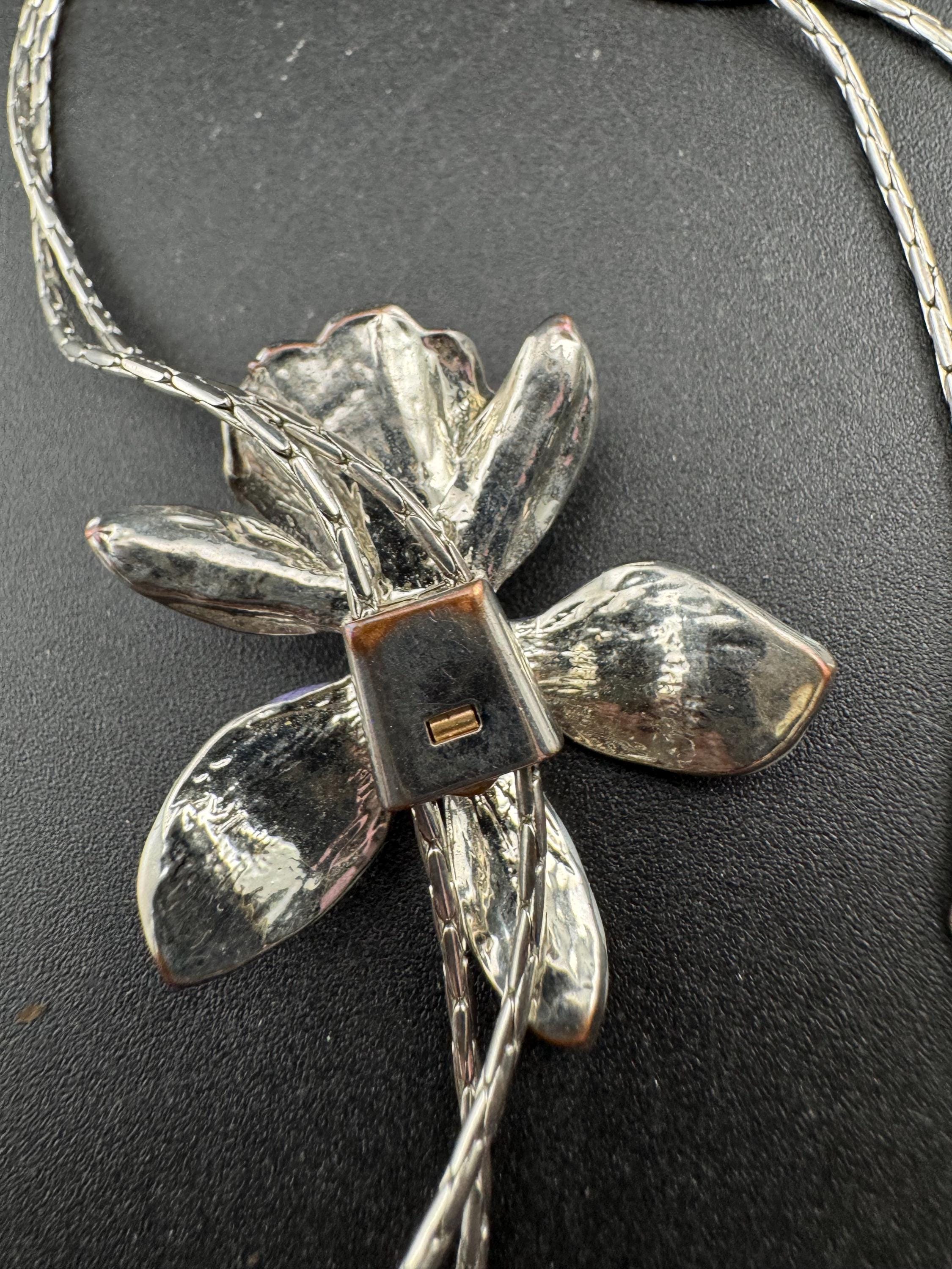 Vintage purple enamel orchid flower slider bolo necklace, silver tone