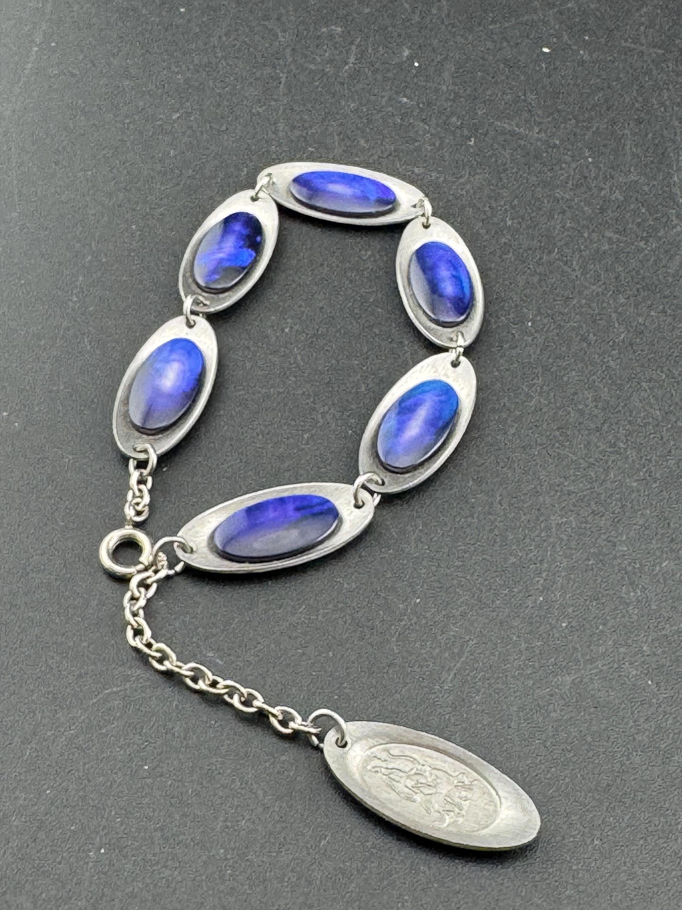 Vintage 1970s stainless steel bracelet , purple shell cabochons