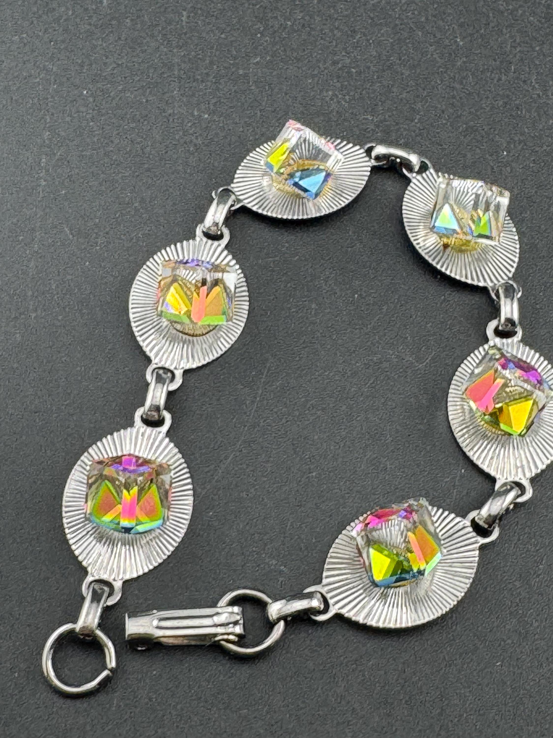 Vintage 1970s stainless steel bracelet , pink yellow glass cube cabochons