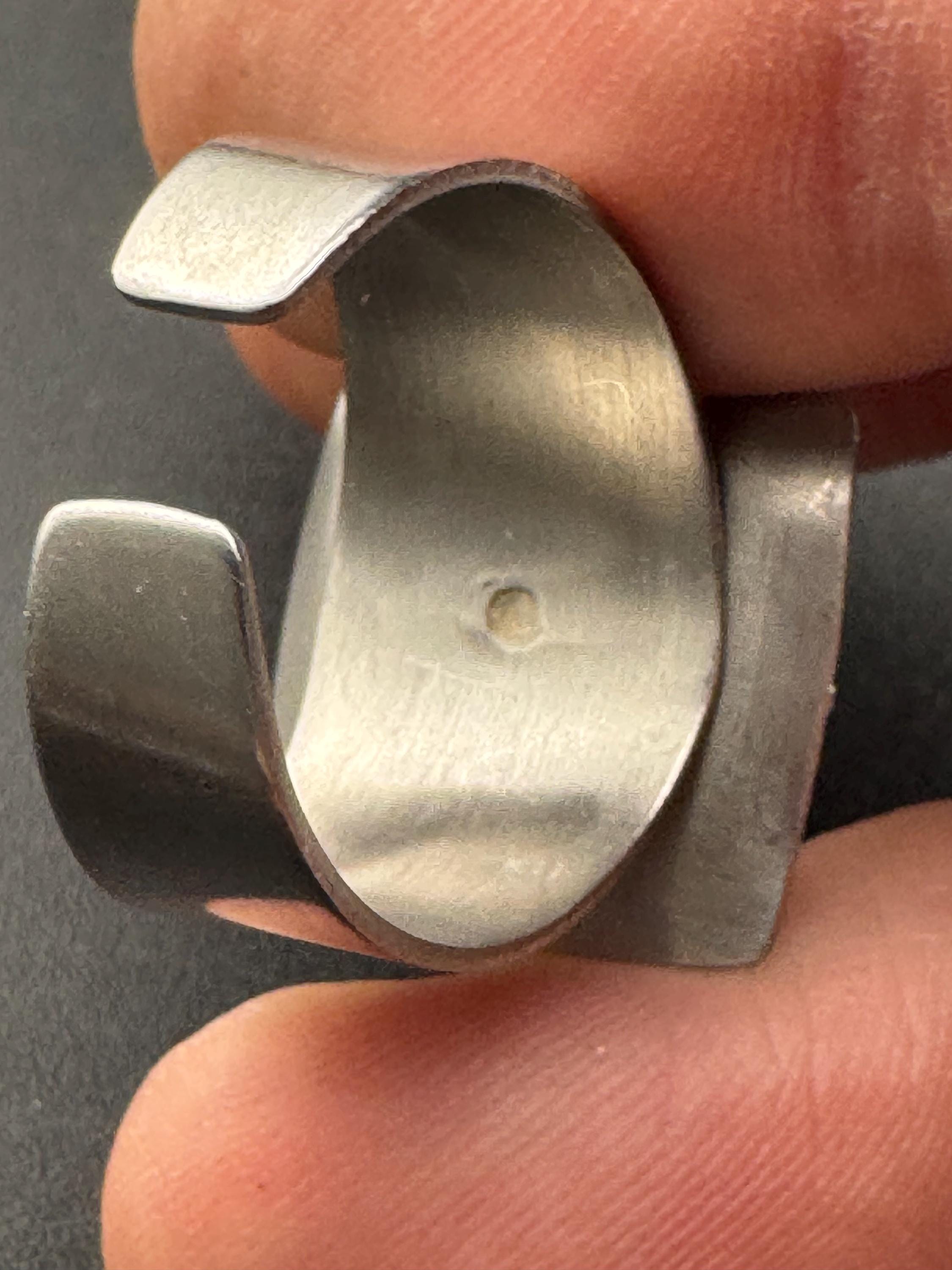 1970s stainless steel adjustable ring, set with rainbow cube glass cabochon, vintage