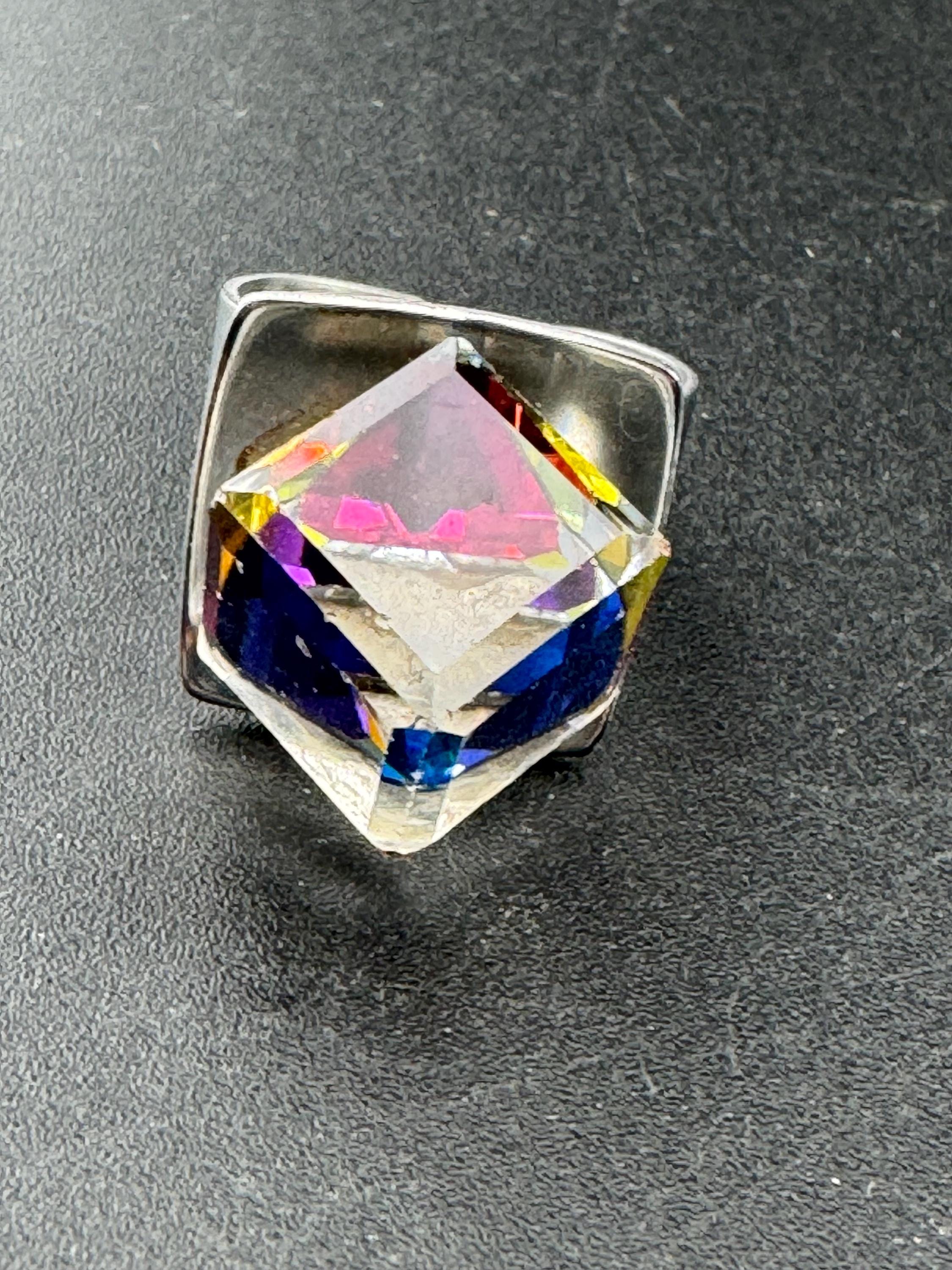 1970s stainless steel adjustable ring, set with rainbow cube glass cabochon, vintage
