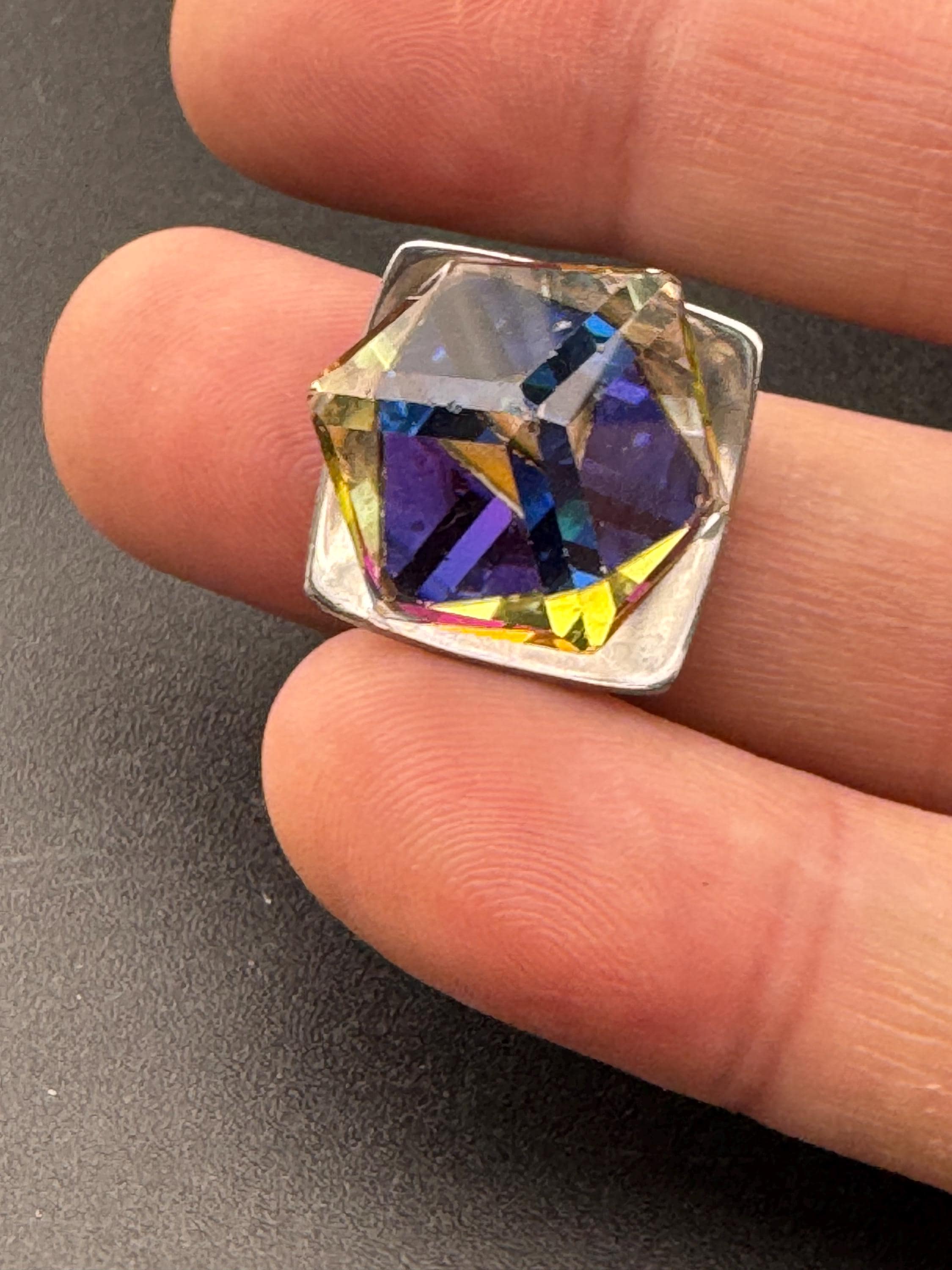 1970s stainless steel adjustable ring, set with rainbow cube glass cabochon, vintage