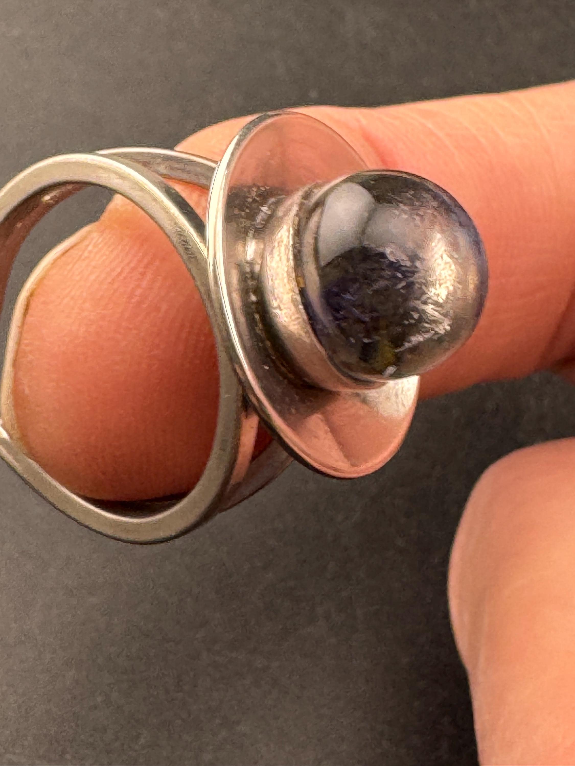 1970s stainless steel adjustable ring, set with blue glass ball cabochon