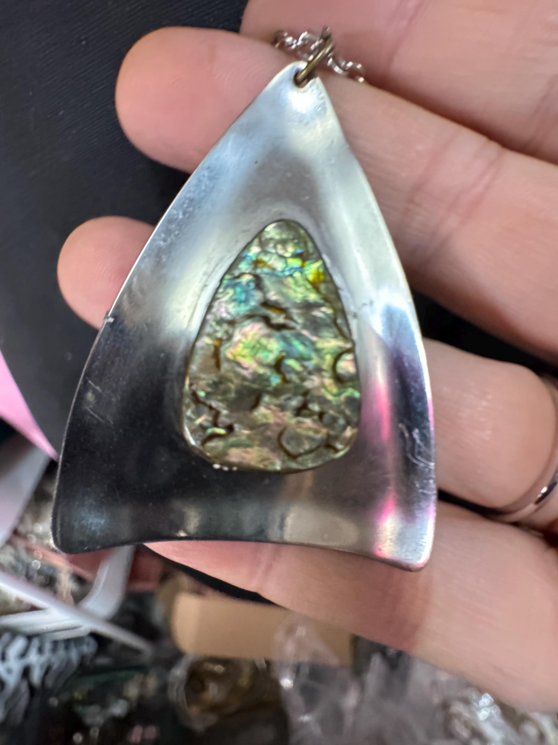 Signed Peak Vintage 1970s stainless steel abalone shell pendant on a 45cm chain