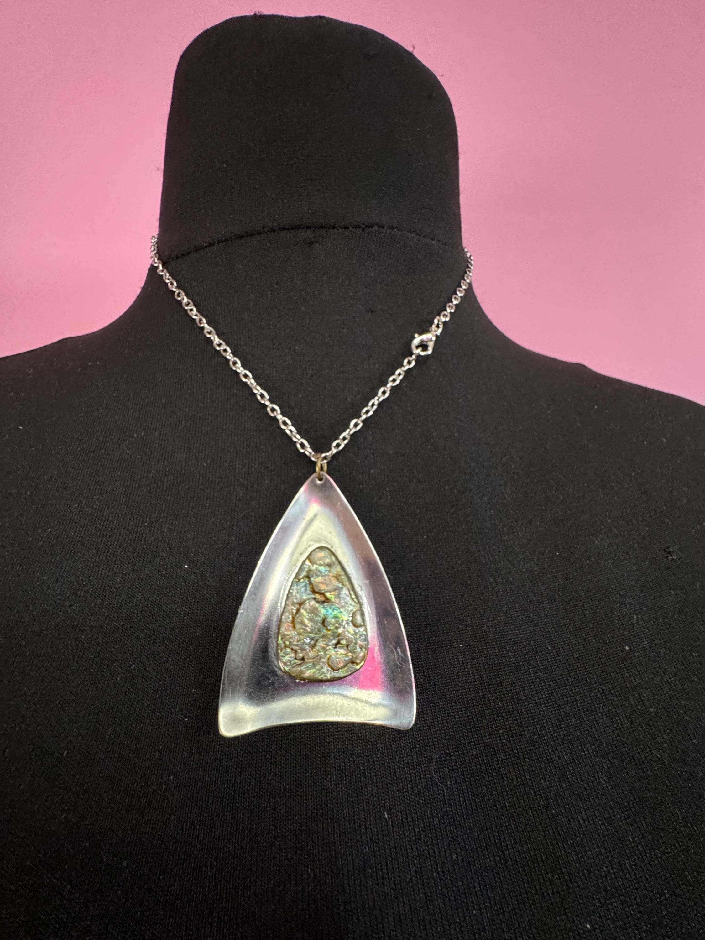 Signed Peak Vintage 1970s stainless steel abalone shell pendant on a 45cm chain