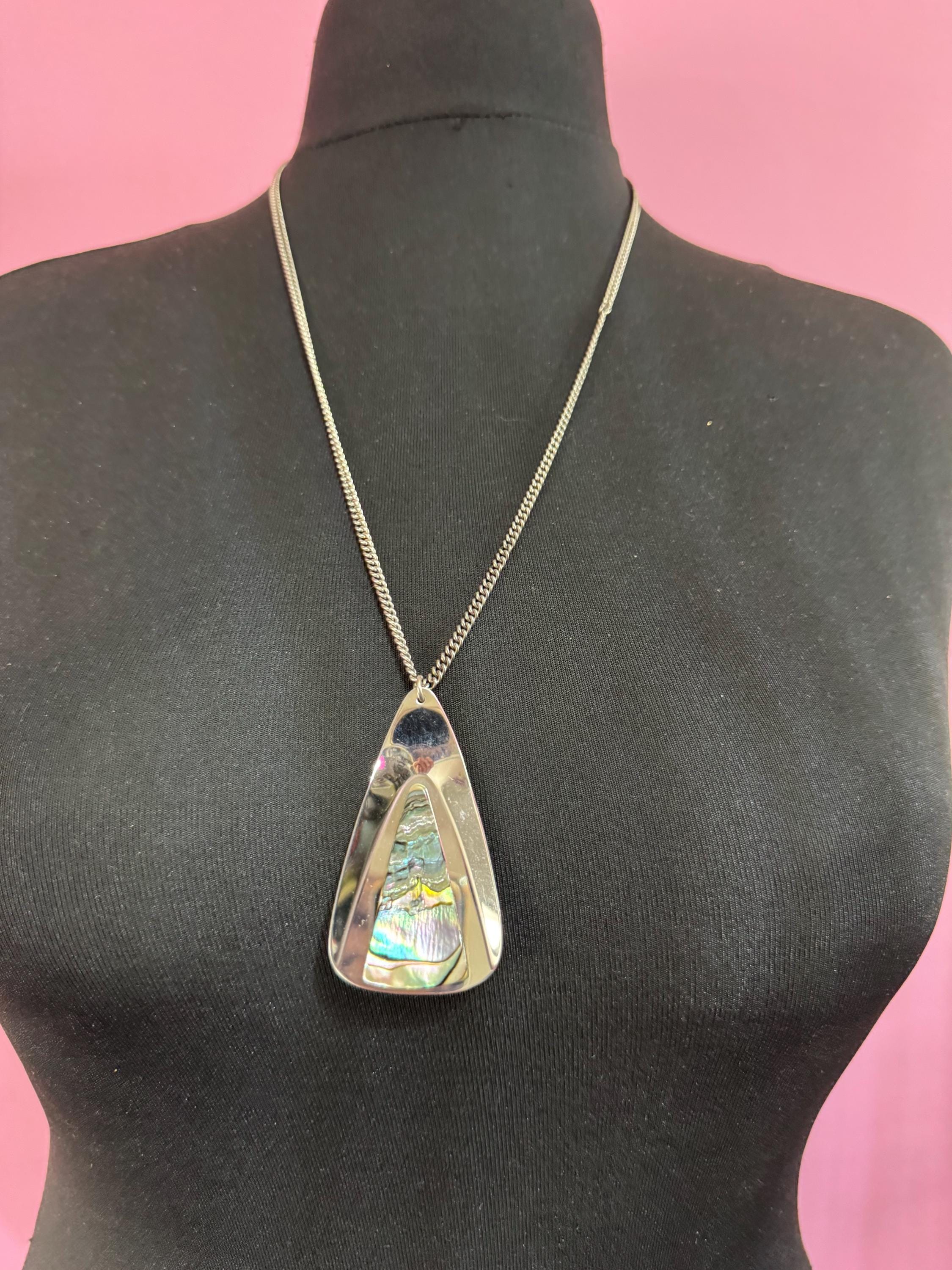 Vintage 1970s stainless steel abalone shell triangular pendant on a 70cm chain