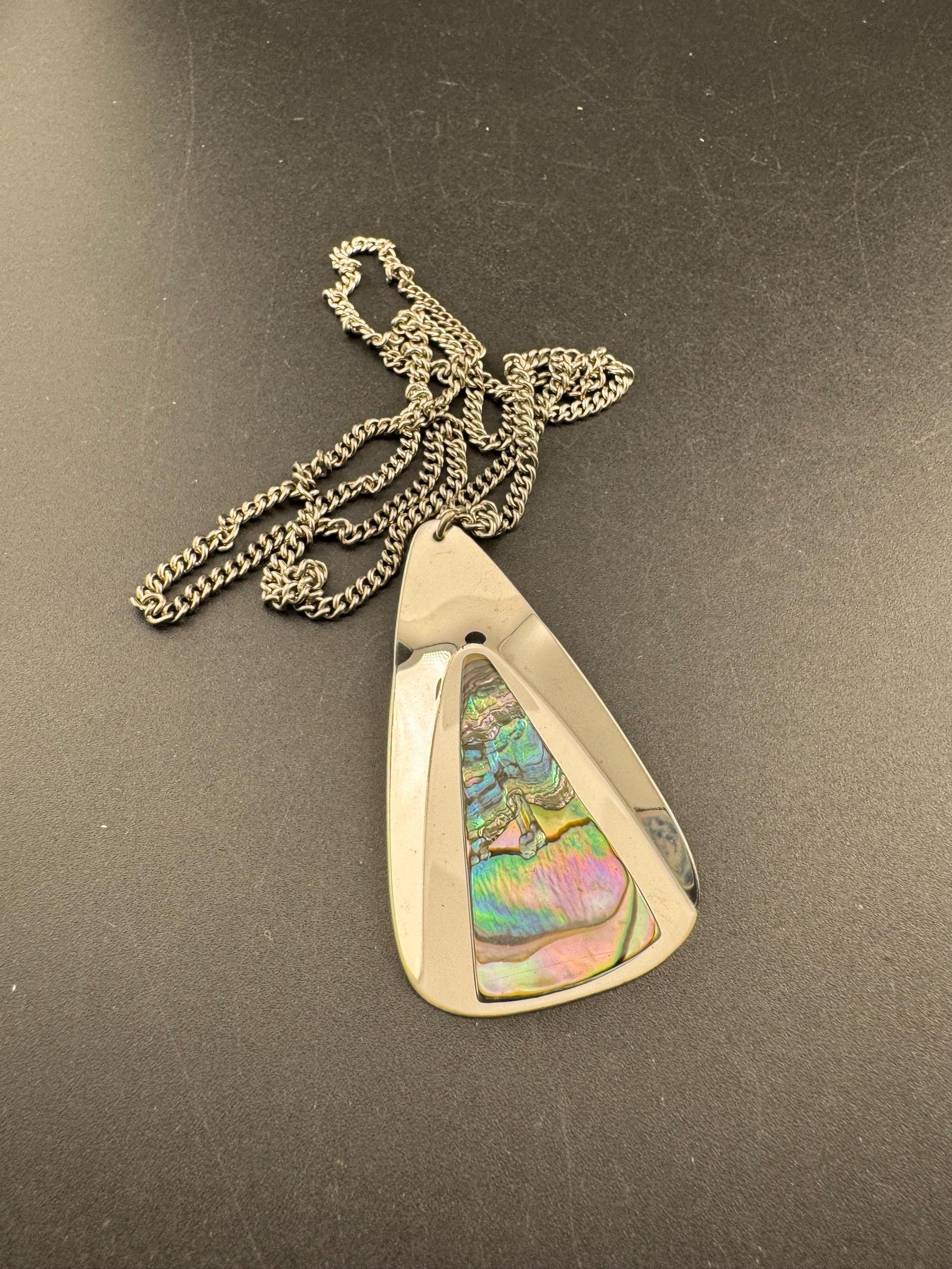 Vintage 1970s stainless steel abalone shell triangular pendant on a 70cm chain