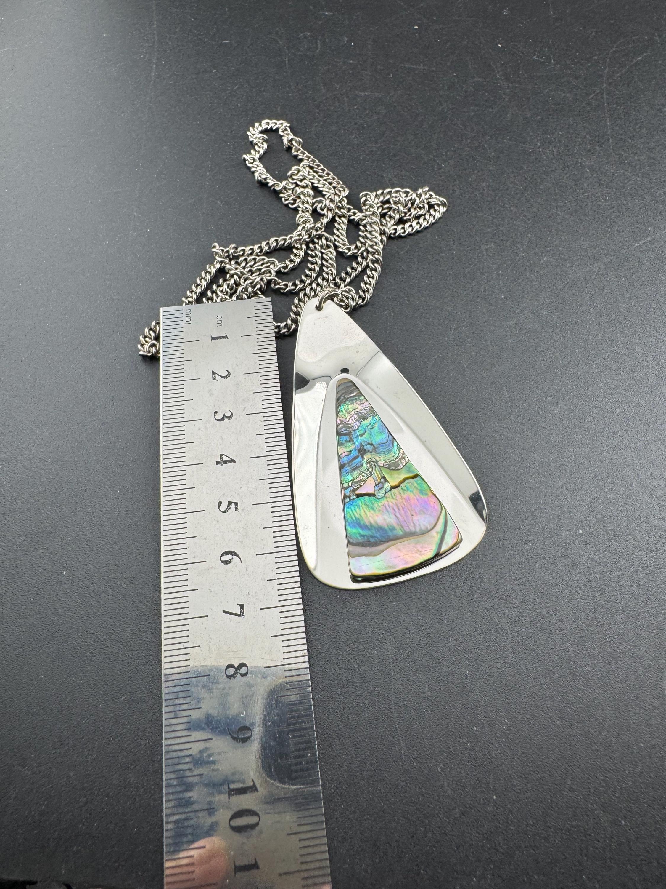 Vintage 1970s stainless steel abalone shell triangular pendant on a 70cm chain