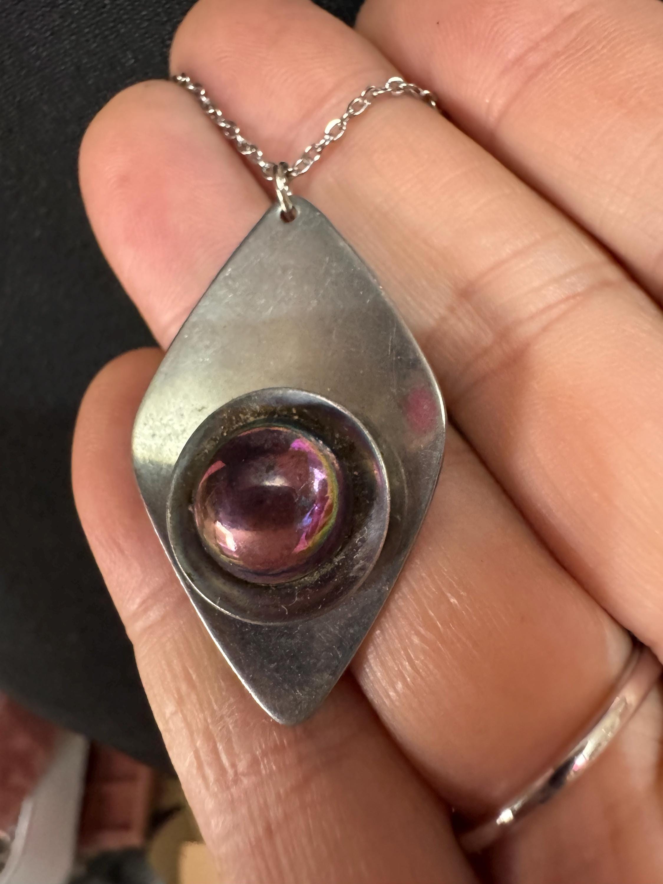 stainless steel pink glass cabochon pendant necklace, Vintage 1970s