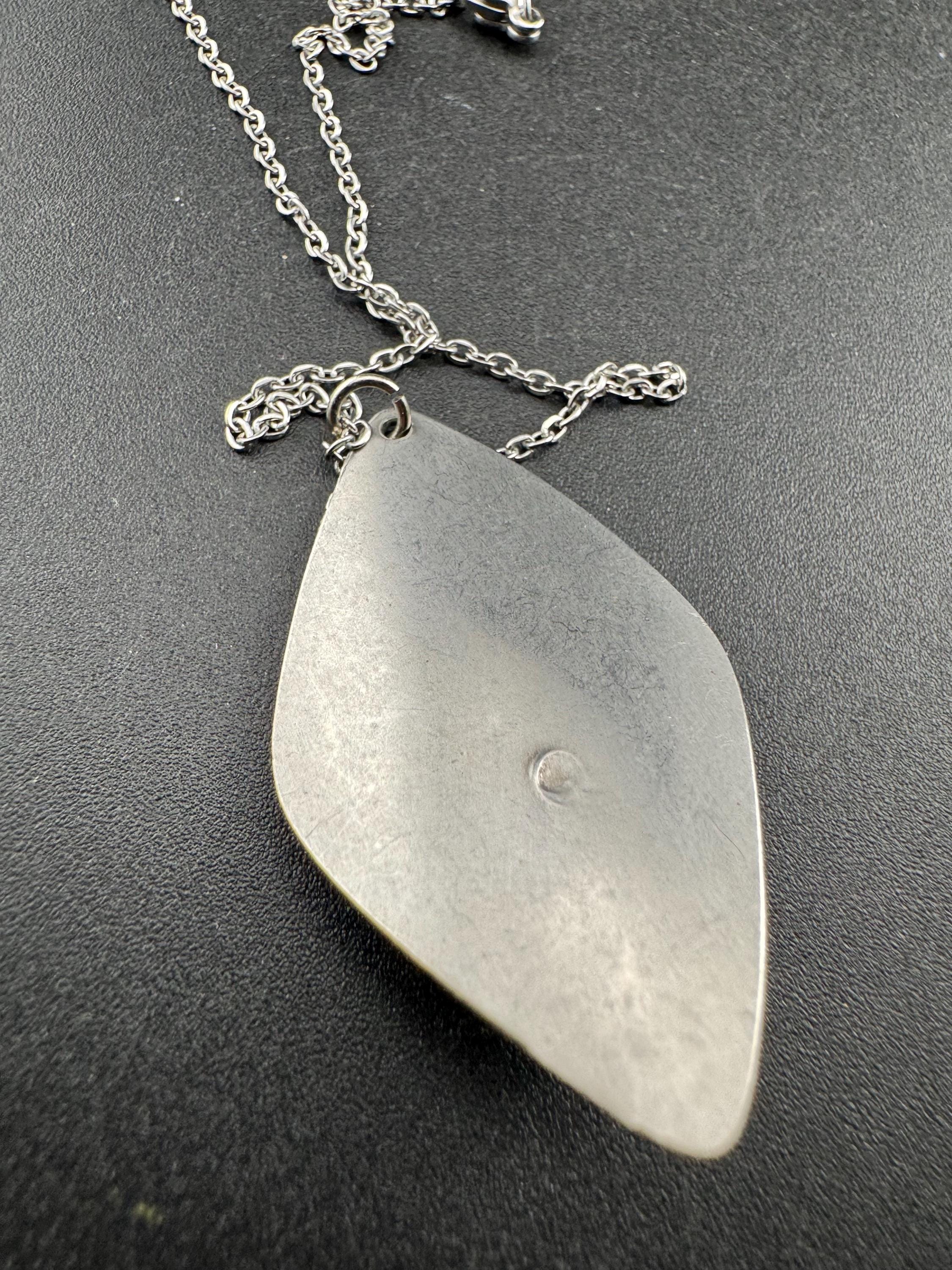 stainless steel pink glass cabochon pendant necklace, Vintage 1970s