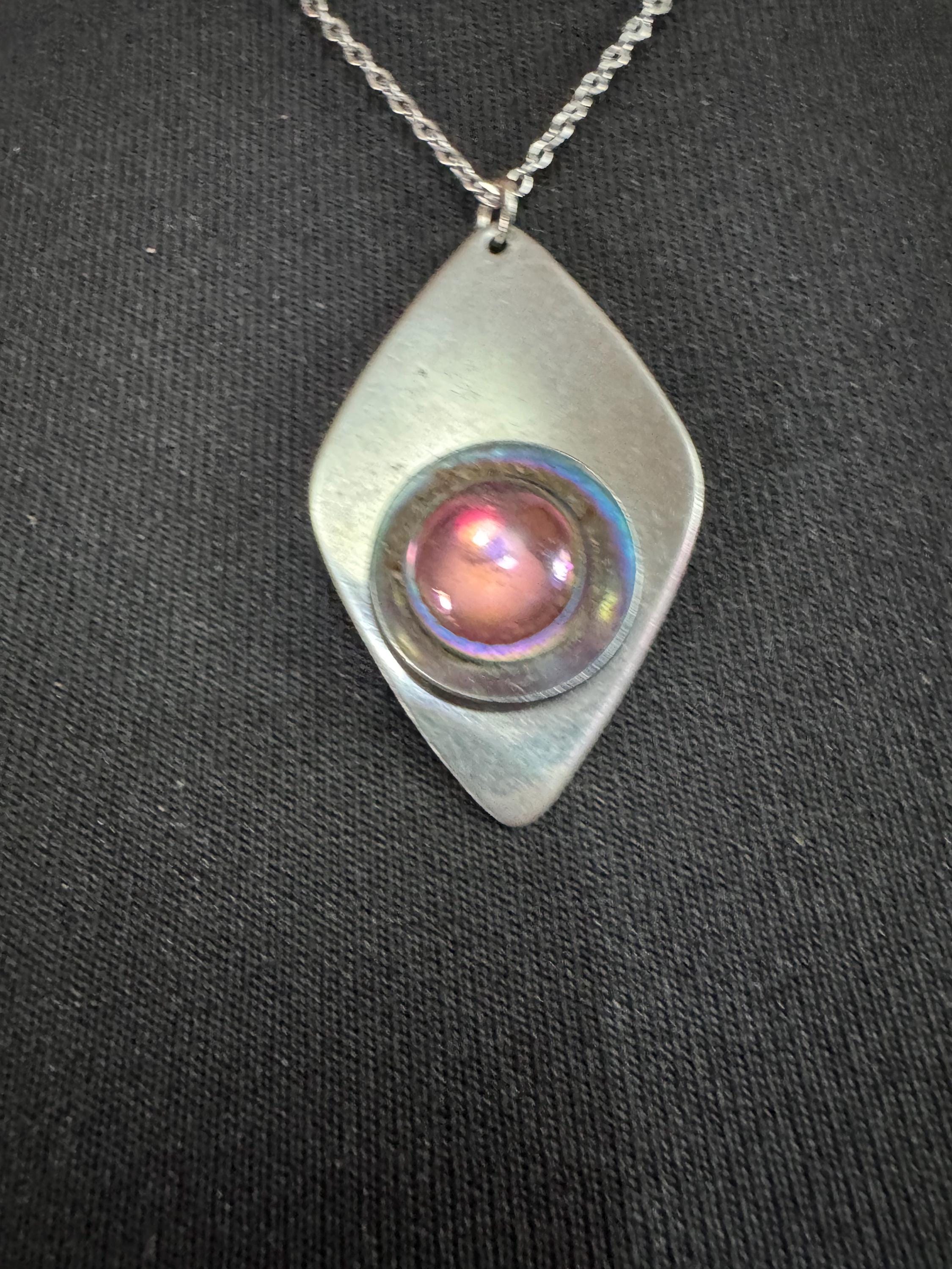 stainless steel pink glass cabochon pendant necklace, Vintage 1970s