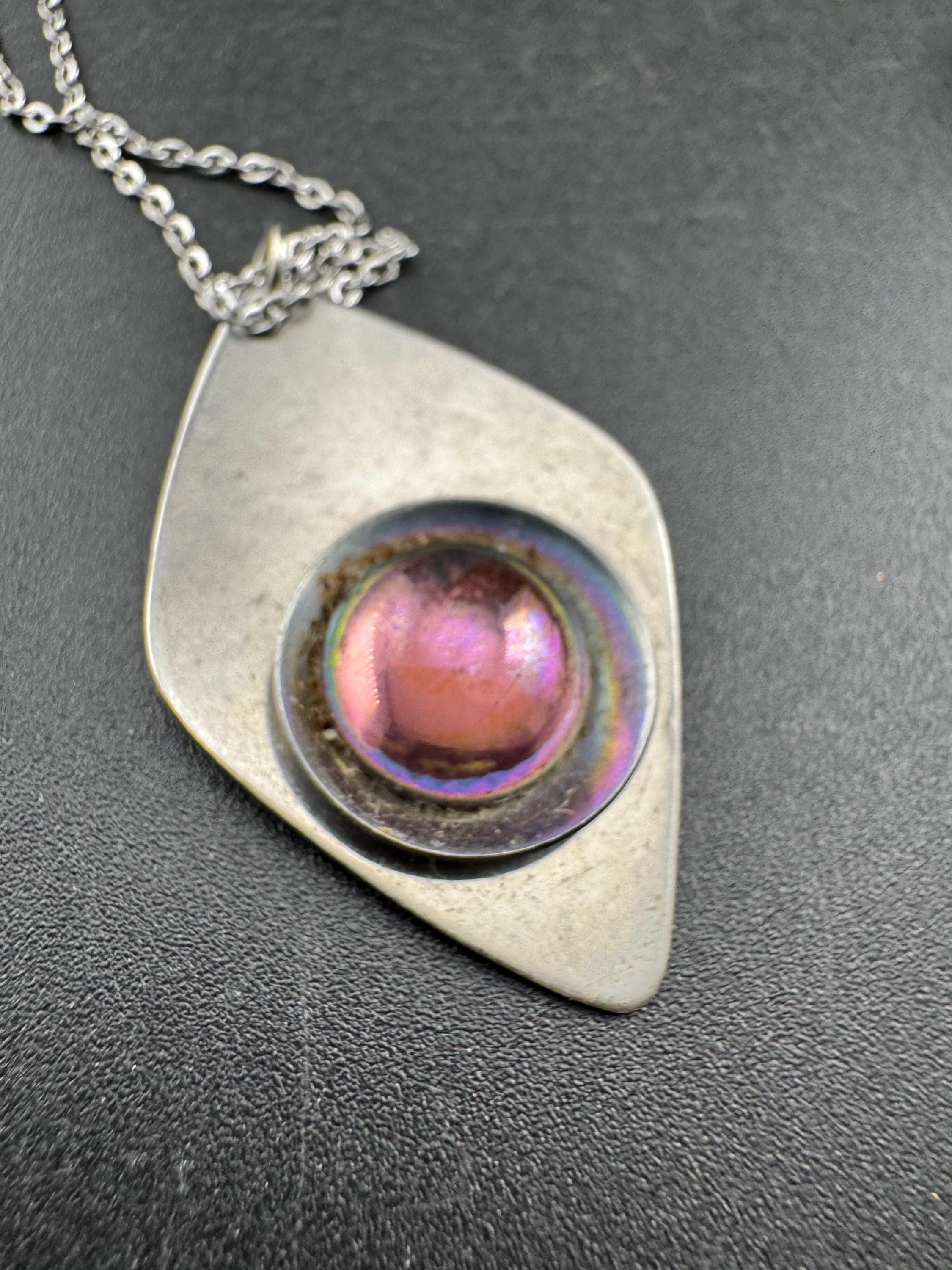 stainless steel pink glass cabochon pendant necklace, Vintage 1970s