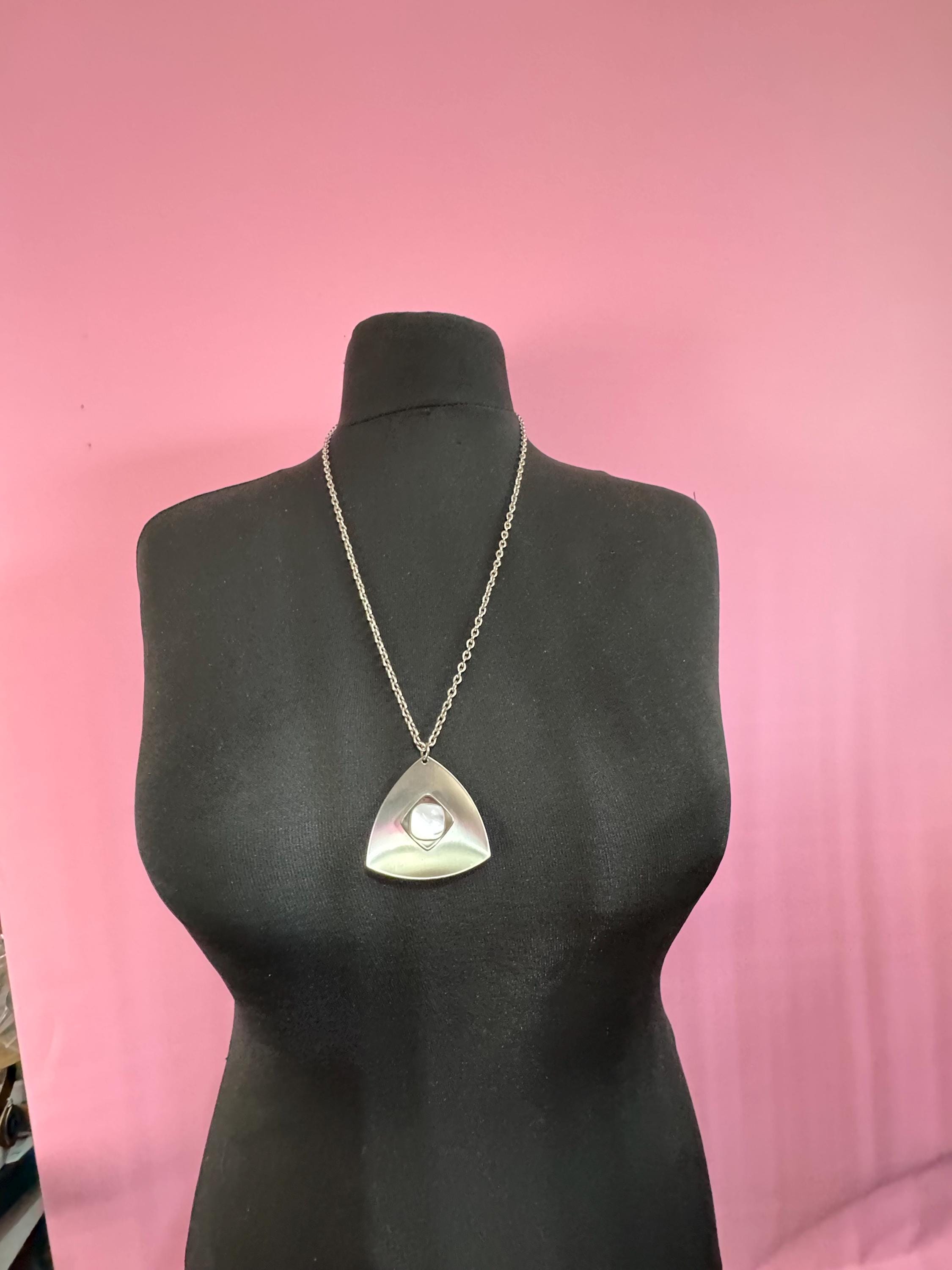 stainless steel pink glass cabochon pendant necklace, Vintage 1970s triangular